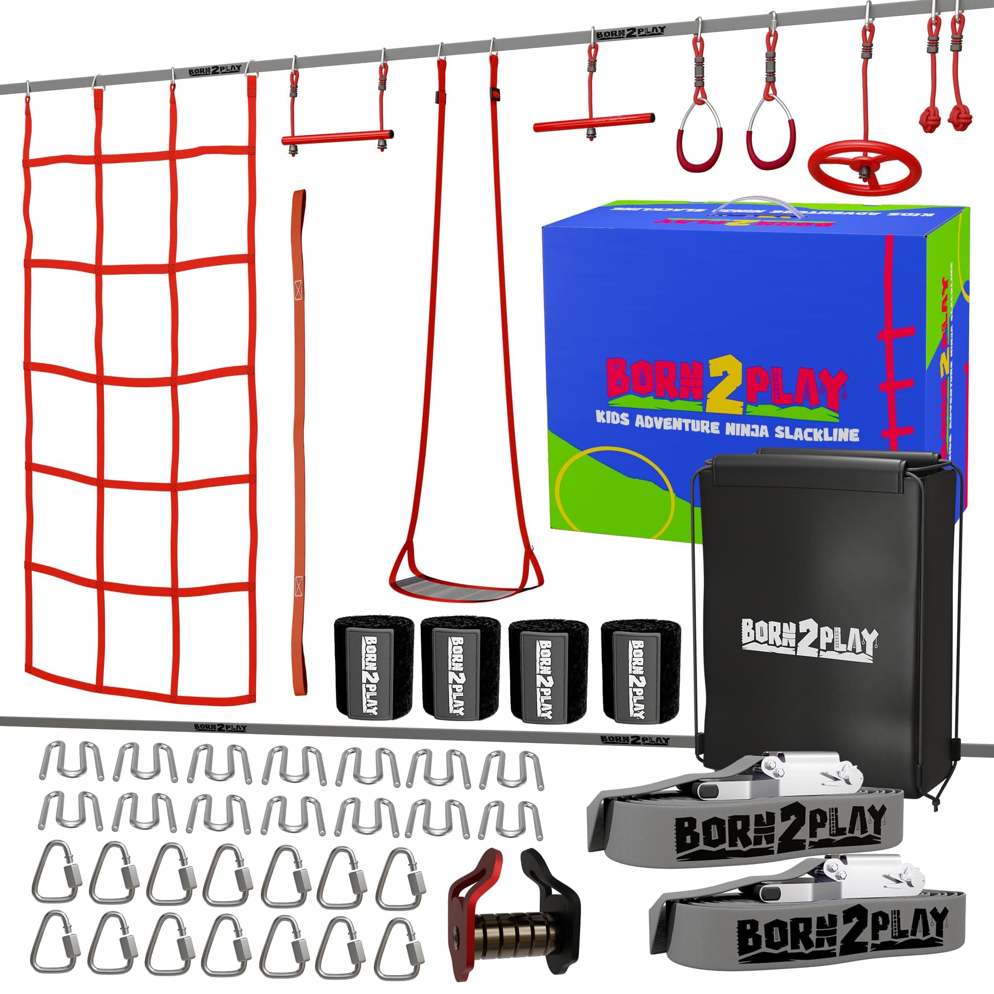 Ninja Warrior Obstacle Course for Kids - Ninja Slackline Kit with Monkey Bars Outdoors, Rope Knots, Gym Rings, Leaf Swing, Pulley and More - Jungle Gym Outdoor Play Equipment for Backyard
