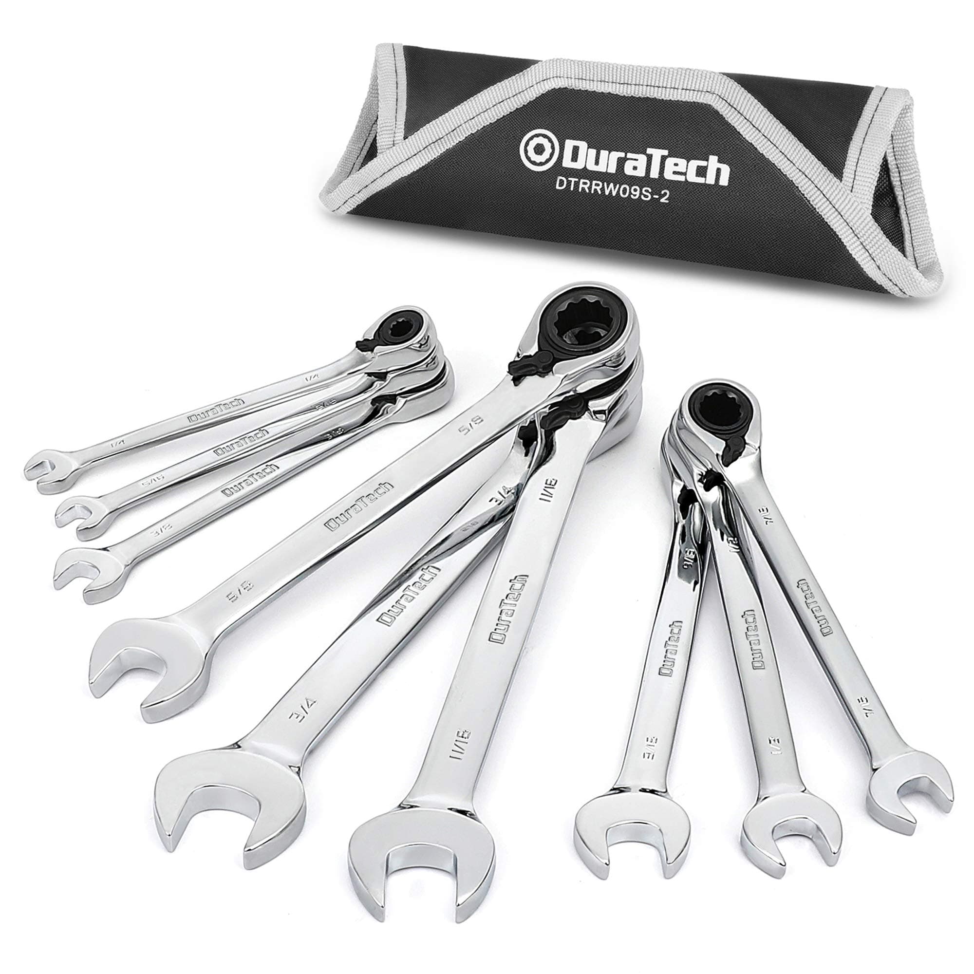Reversible Ratcheting Combination Wrench Set, SAE, 9-Piece, Open end Spanner with Rolling Pouch, 1/4'' to 3/4", 12 Point, CR-V Steel