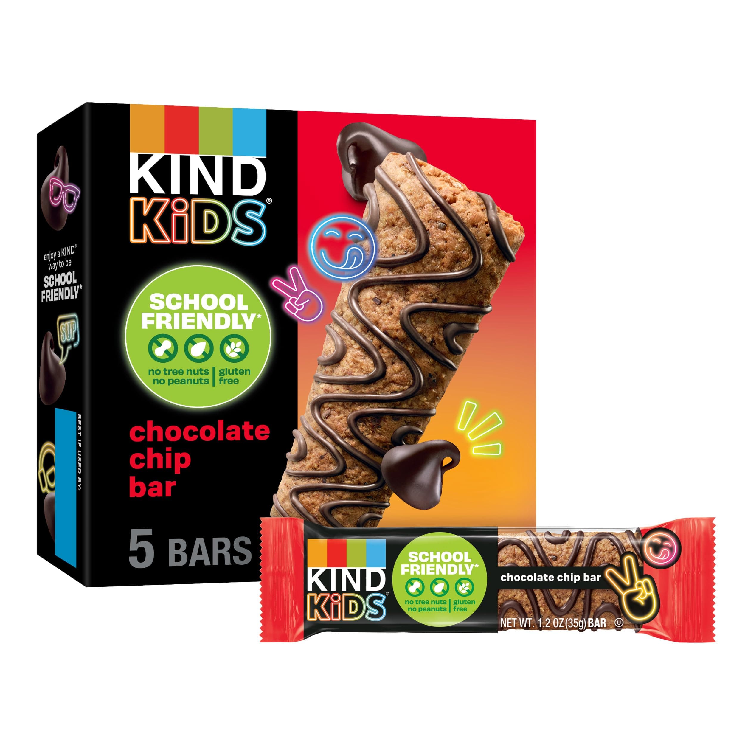 KIND Kids Granola Bars, Chocolate Chip, Gluten Free, Low Sodium, Peanut and Tree Nut Free Snacks, 5g Protein, 5 Count