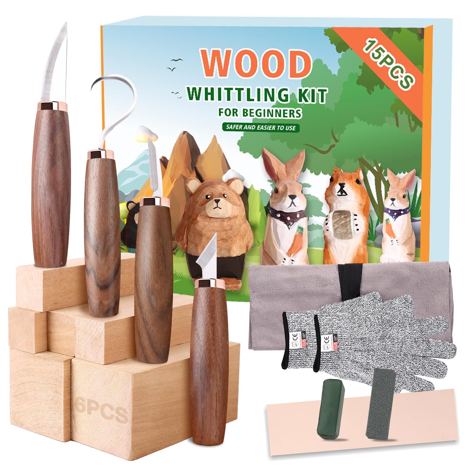 Wood Carving Tools Pack of 15- Includes Black Walnut Handle Wood Carving Knife,Whittling Knife,Hook Knife,Polishing Compound,Sharpening Stone,Cut Resistant Gloves,Wood Carving Kit for Beginners.