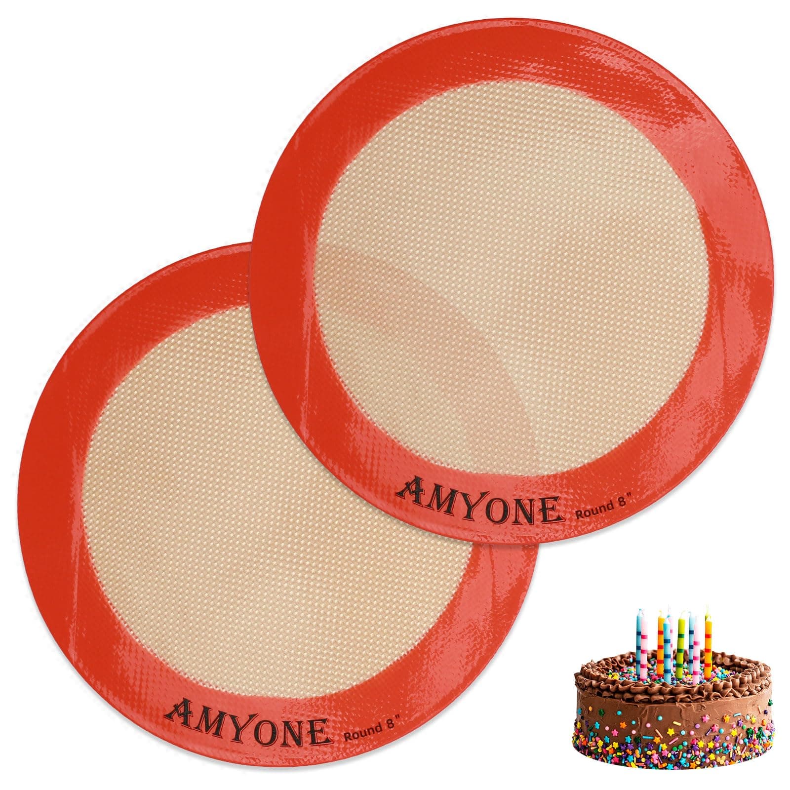Round Silicone Baking Mats for 8 Inch Cake Pan, Food Grade, Non-Stick, Reusable Silicone Mat for Baking Pan for Bread/Tortilla/Macaron/Pastry/Pie/Bun or 9 Inch Pizza Pan, 2PCS