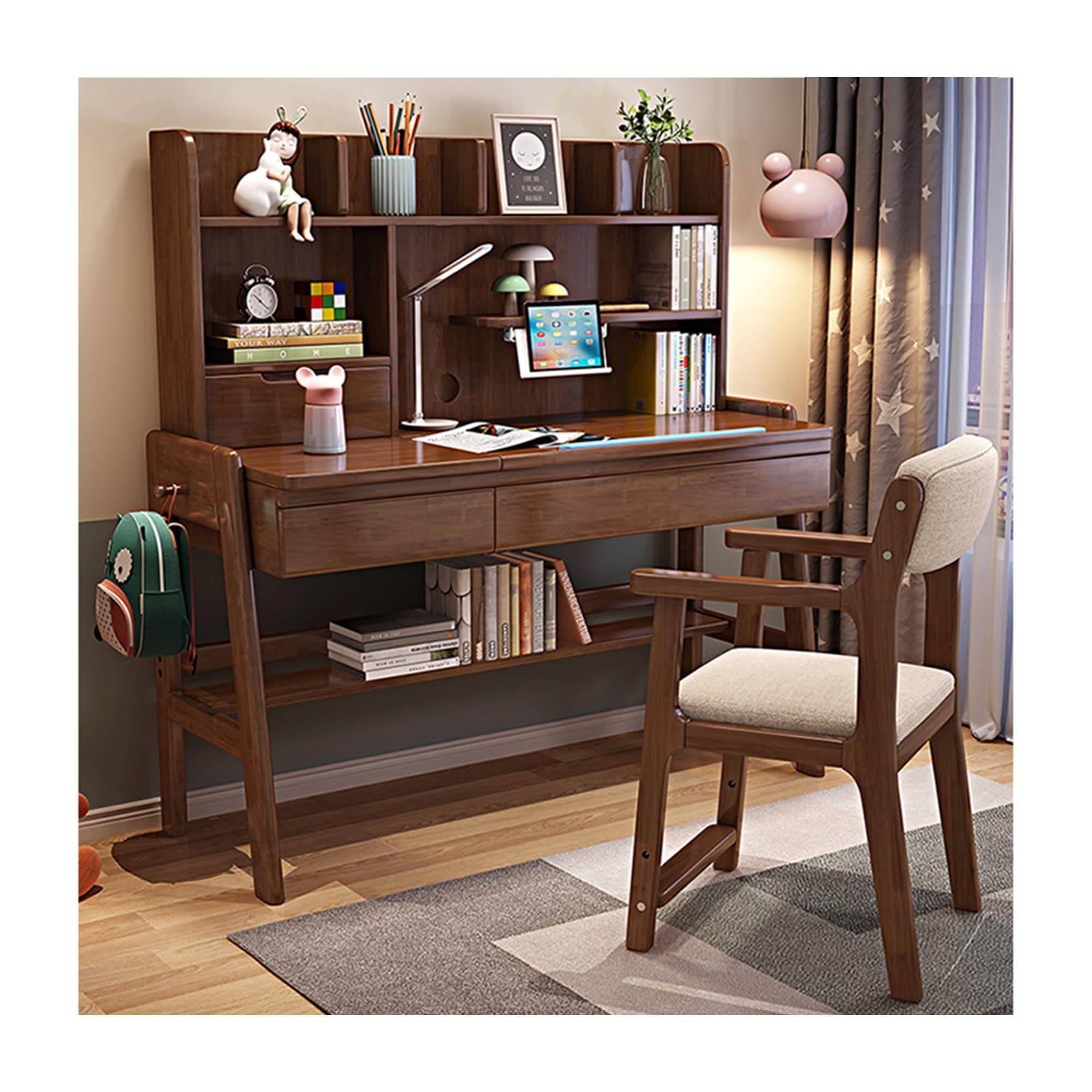Kids Study Desk and Chair Set Multifunctional Solid Wood Desk for Kids Room 6-18 Height Adjustable Children School Study Desk with 0-60° Tilt Desktop, for Boys Girls (Color : Brown, Size : 120x60x13