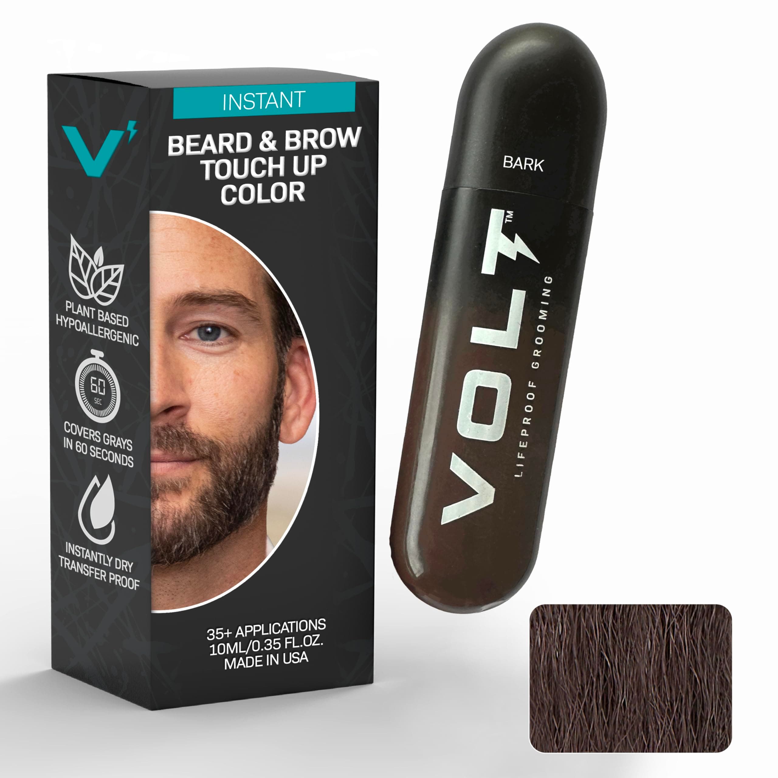 VOLT Grooming Temporary Instant Beard Color Single Pack - Quick Drying Plant Based Hypoallergenic Brush on Color for Beards, Mustaches, and Eyebrows - 0.35 Fl Oz (10 ml), Bark (Dark Brown)