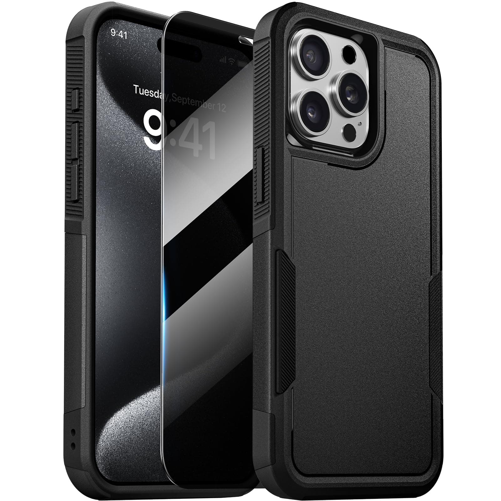 Designed for iPhone 15 Pro Max Case, [with Privacy Screen Protector] [Anti Spy] [Military Grade Drop Protection] Heavy Duty Full-Body Shockproof Phone Case, Black