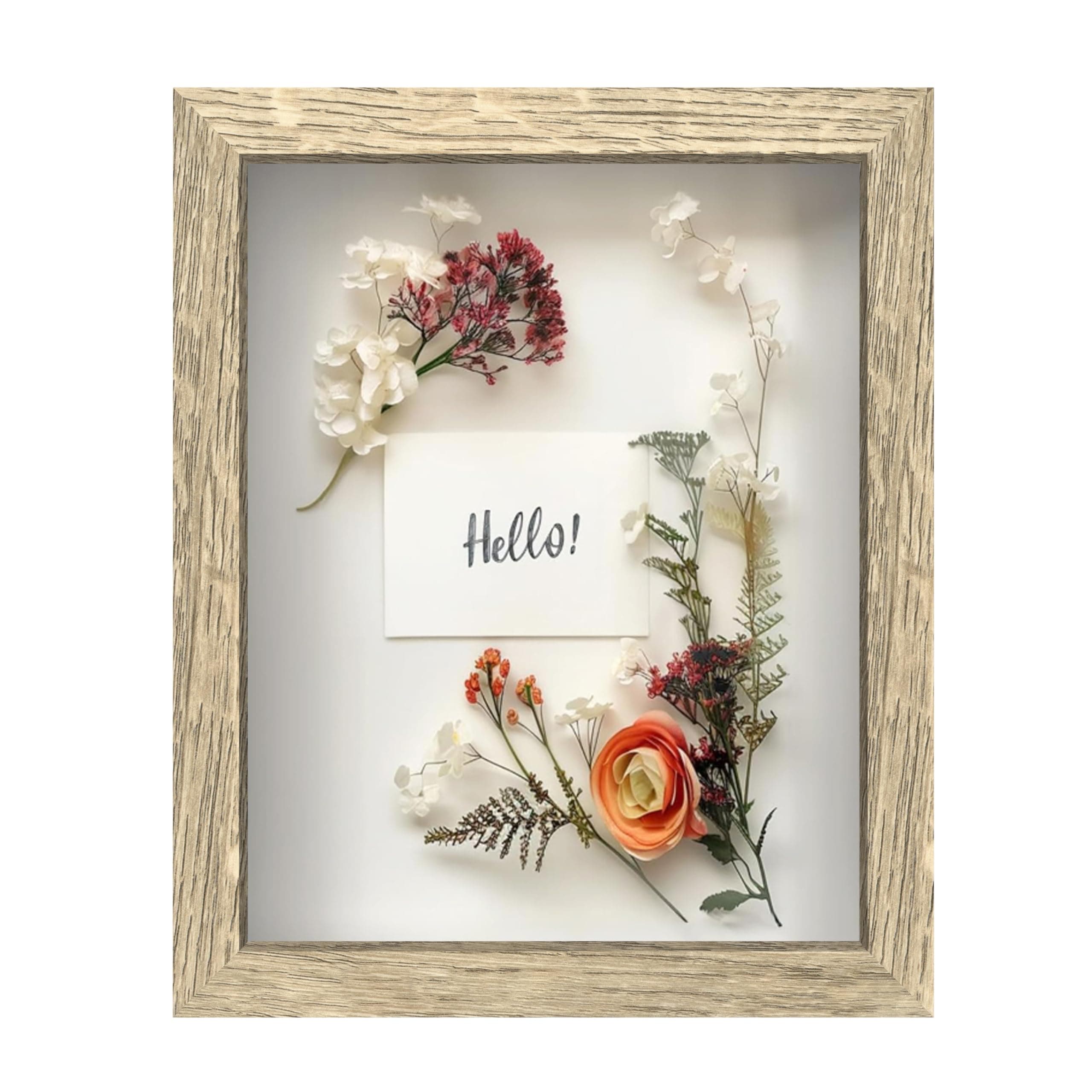 FrameWorks 8x10 Driftwood Wooden Shadow Box Frame – Soft Felt Back, Tempered Glass, and Included Elegant White Ball Push Pins