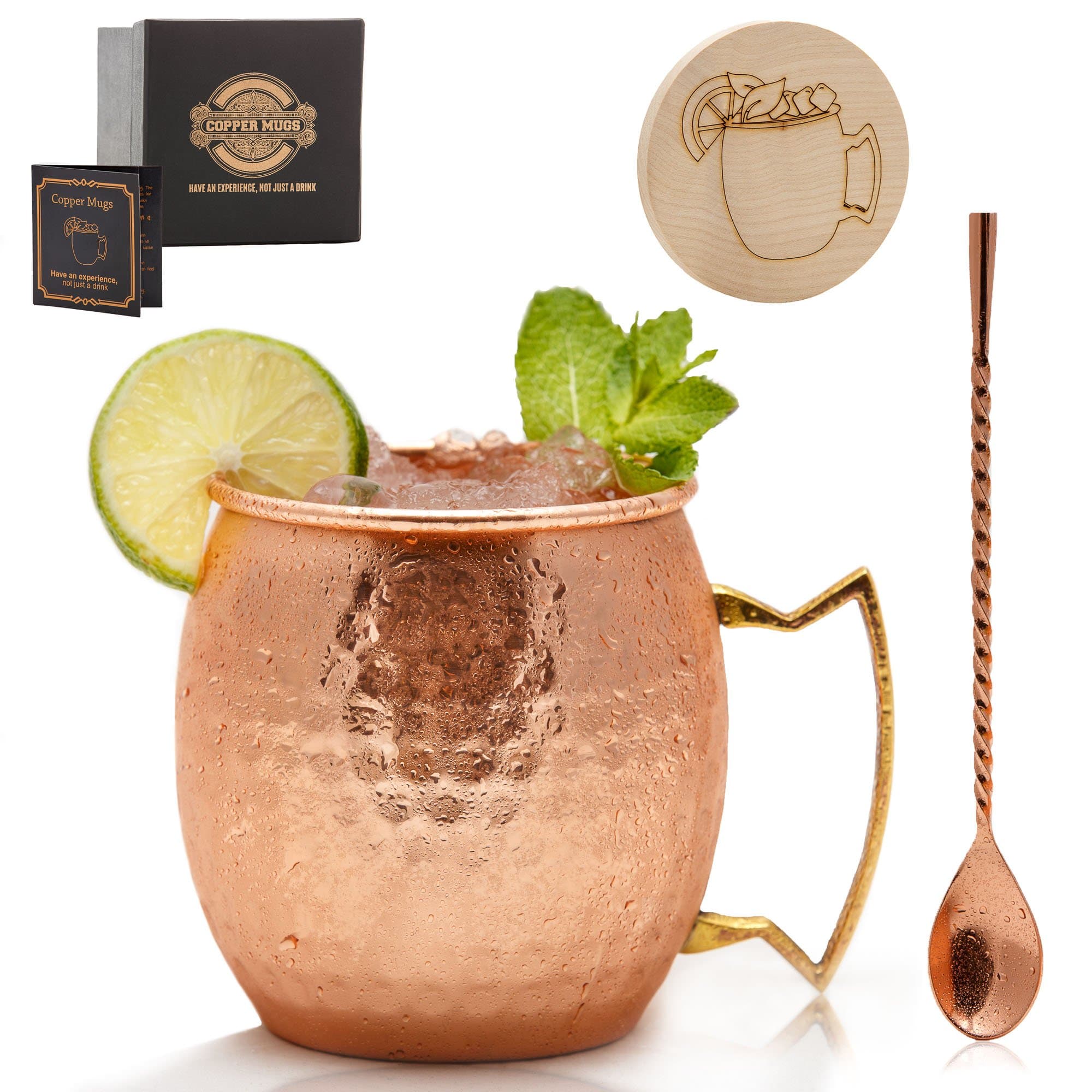 Copper Mugs Gift Set of 1 Solid Hammered Moscow Mule Mug with 100% Pure Copper Cups Kit + 1 Wooden Coaster & Twisted Bar Spoon & Delicious Recipes Book