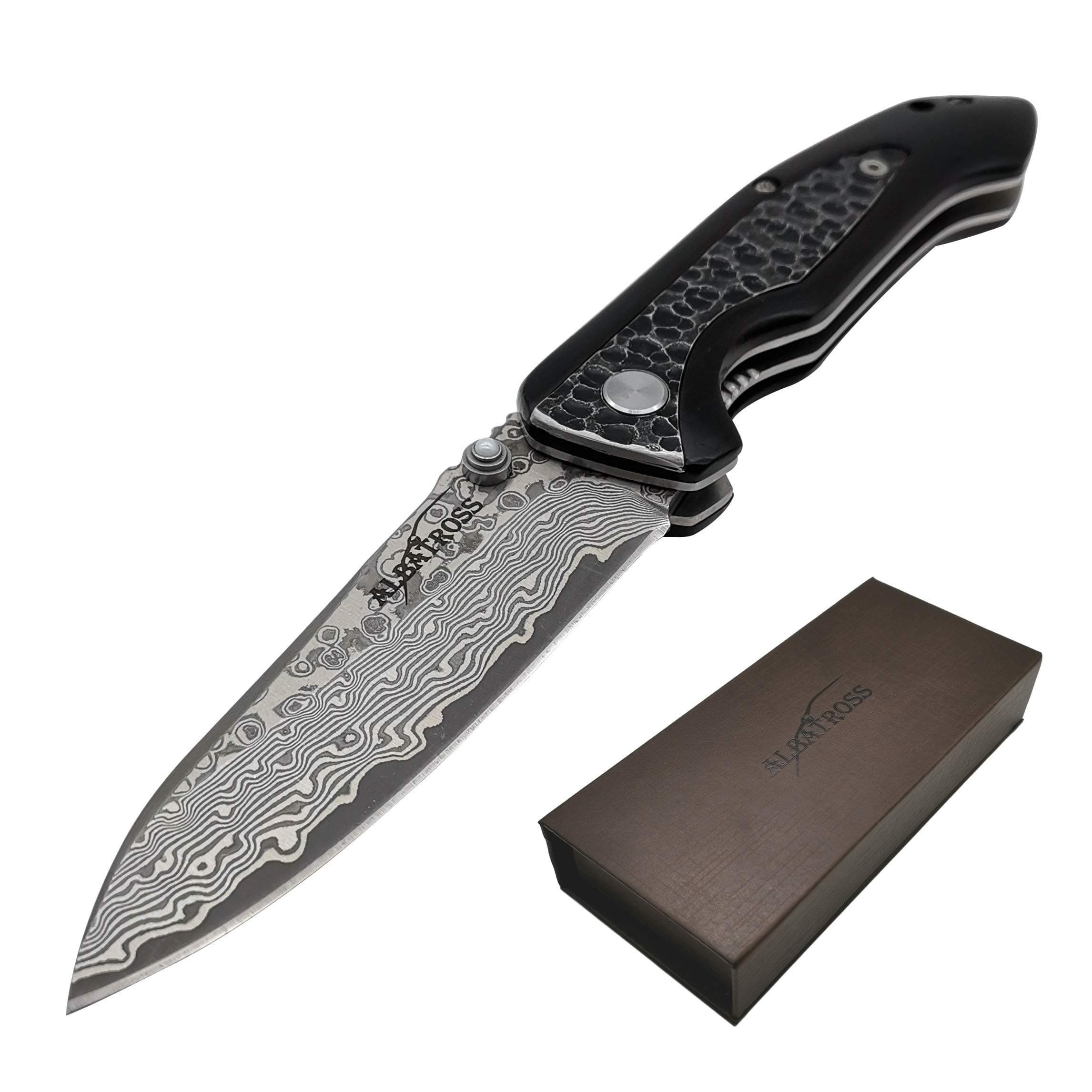ALBATROSS Father's Day, Mother's Day & Holiday Gift for Men Women Damascus Steel Pocket Folding Knife for Husband, Boyfriend, Father, Wife, Girlfriend, Mom - with Gift Box & One-Hand Open