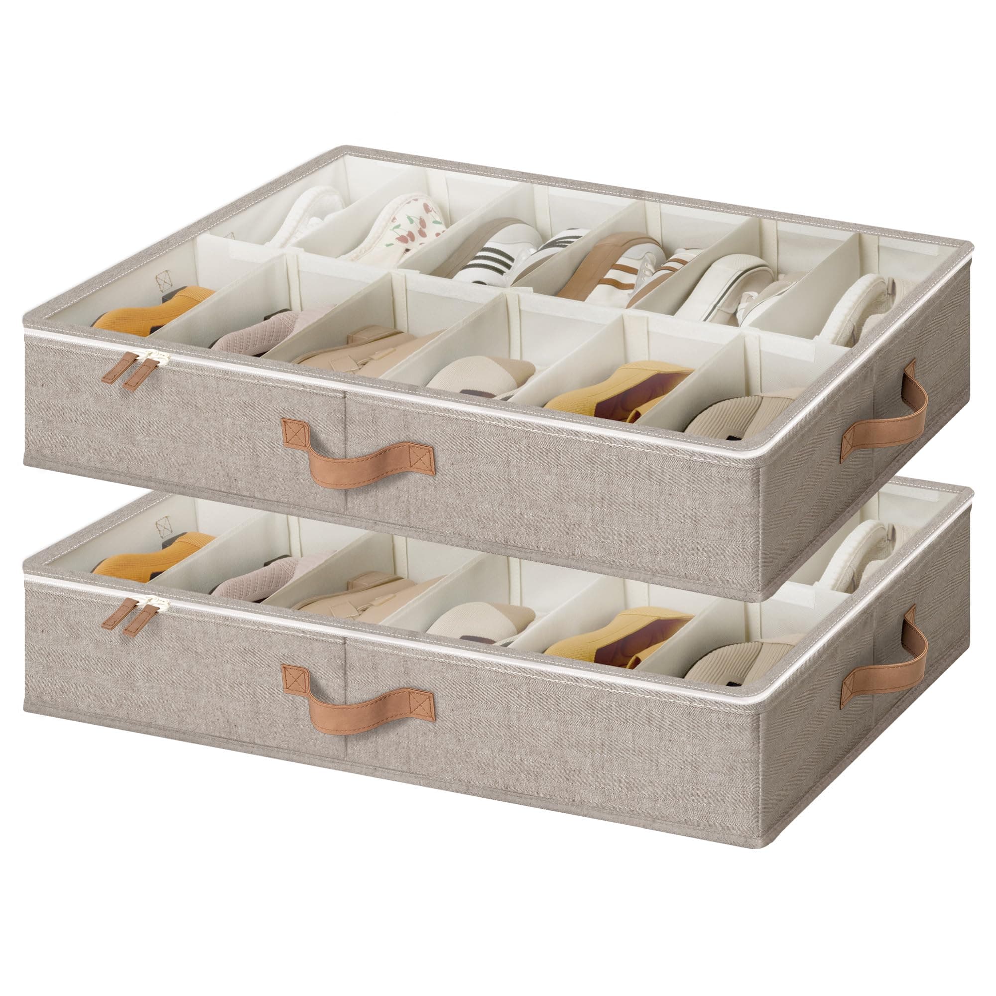 StorageWorks Under Bed Shoe Storage Organiser, Underbed Storage with Adjustable Dividers Fits up to 24 Pairs, Shoe Underbed Box with Cover, Space-Saving Under Bed Storage Box with Lid, Brown, 2-Pack
