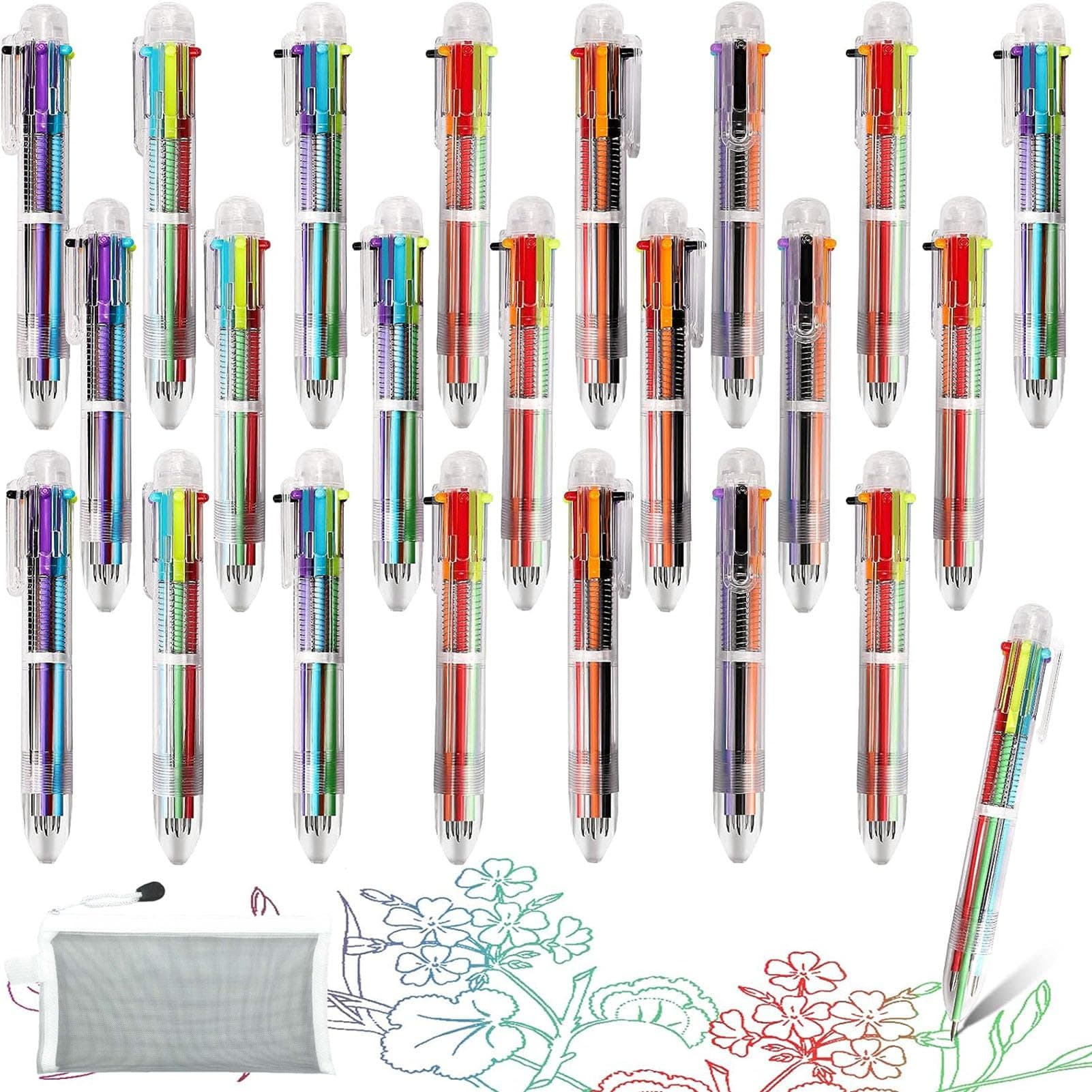 24 Pack 0.5mm 6-in-1 Multicolor Ballpoint Pen with Pencil Case, Color Retractable Ballpoint Pens for Kids and Adult, Transparent Ballpoint Pen for Office School Supplies, Student Children Gift