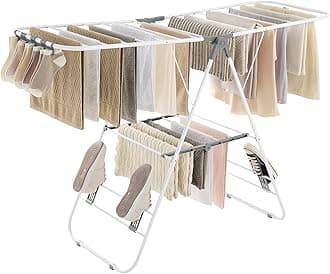 SONGMICS Clothes Airer, Foldable Clothes Drying Rack, Clothes Horse with Height-Adjustable Wings, Free-Standing Laundry Drying Rack, Indoor and Outdoor Use, Steel, White and Grey LLR502G01