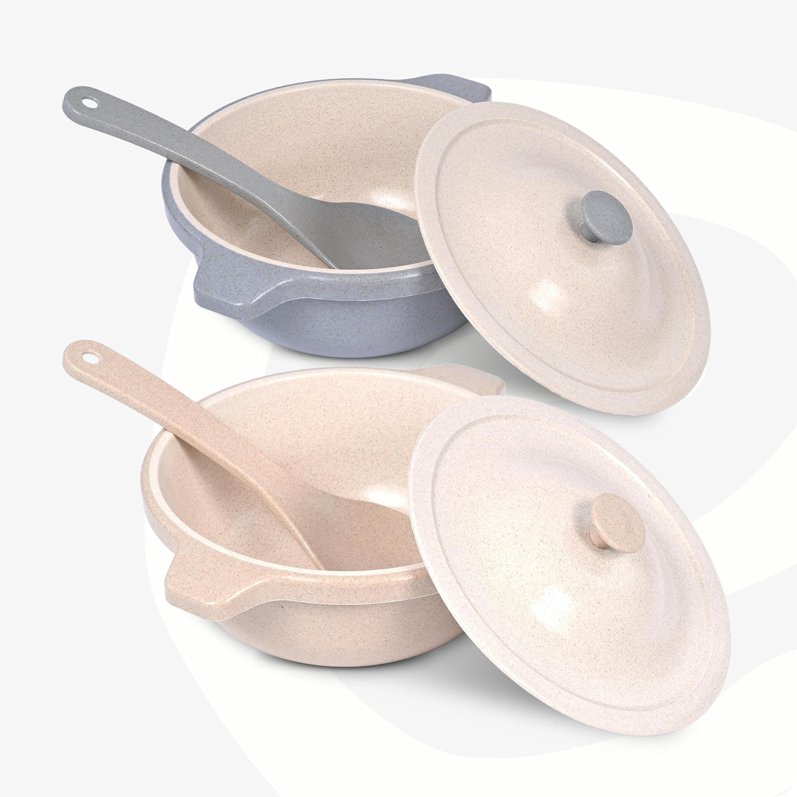 Eha Earth Friendly Serving Bowls with Lid | Microwave Safe | Made with Rice Husk and Bamboo Fibers | 1250 ml Each | Set of 2 | Sand-Azure