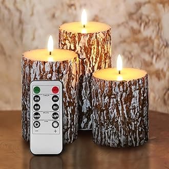 Eywamage Brown Pine Bark Flameless Pillar Candles with Remote, 3 Pack Flat Top Flickering Battery Operated LED Candles Farmhouse Decor