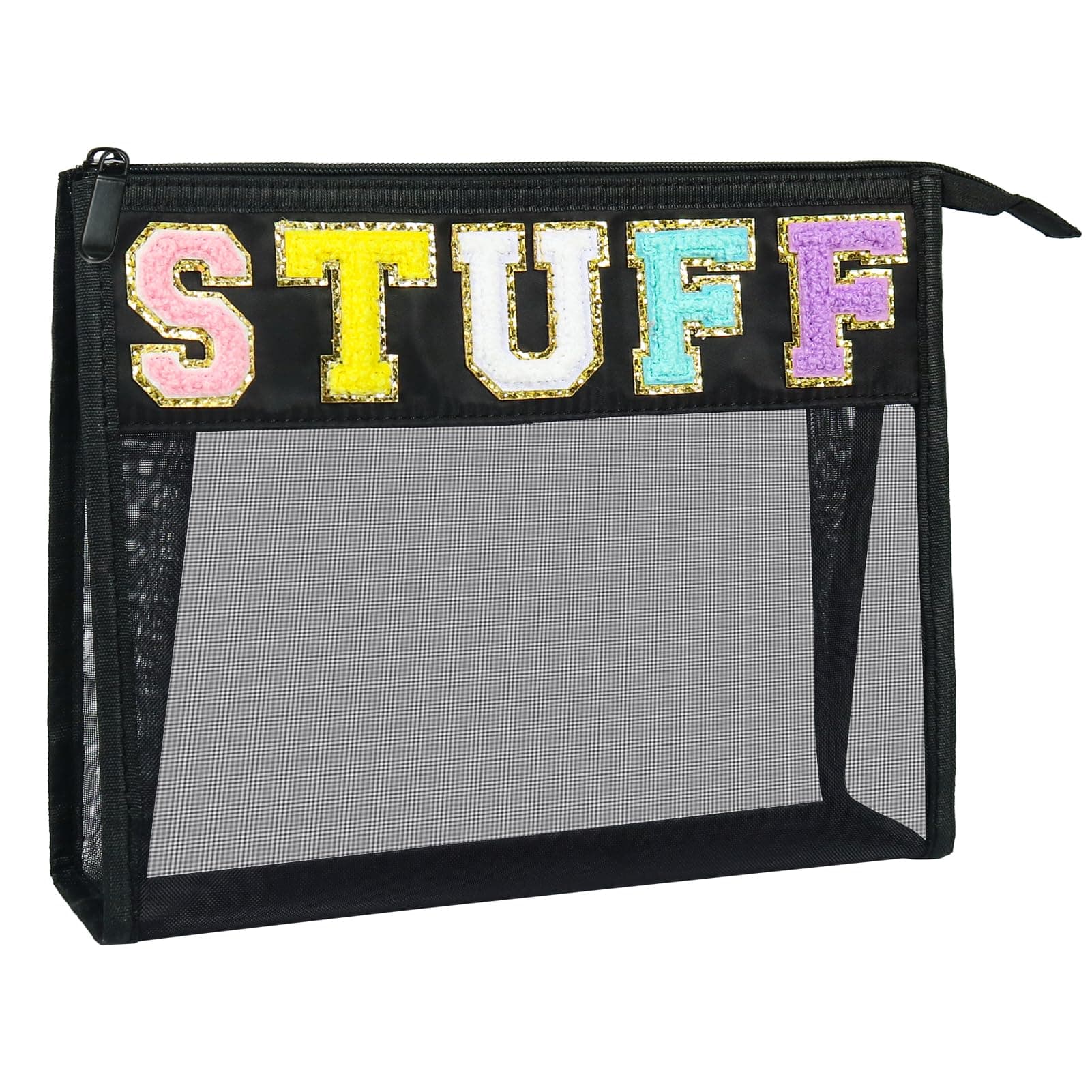 besharppinPreppy Makeup Bag, Mesh Stuff Cosmetic Pouch Patch Bag with Chenille Letter for Travel (Black), Black, Mesh, Chenille Letter