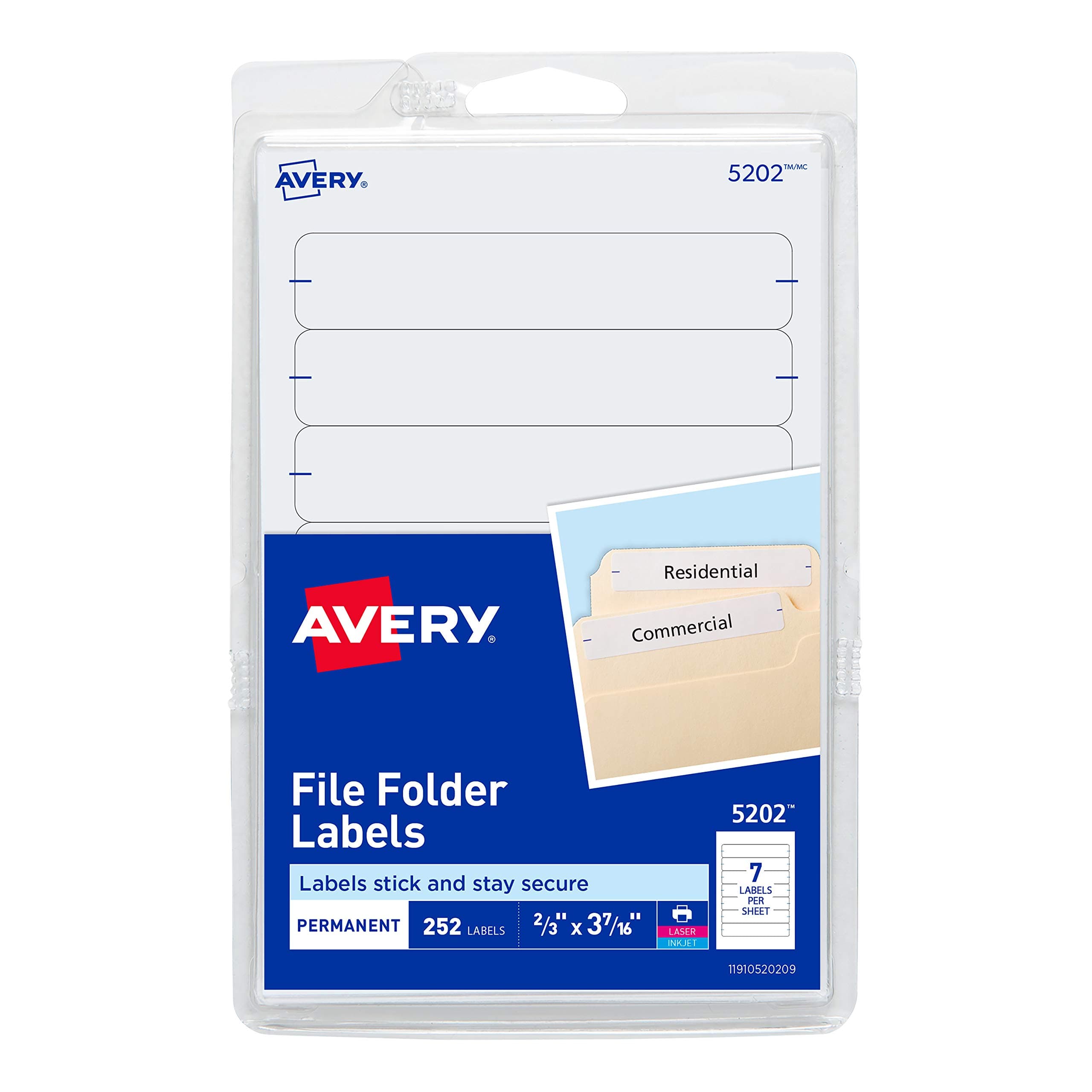 AveryFile Folder Labels, Laser and Inkjet Printers, 1/3 Cut, White, Pack of 252 (05202)