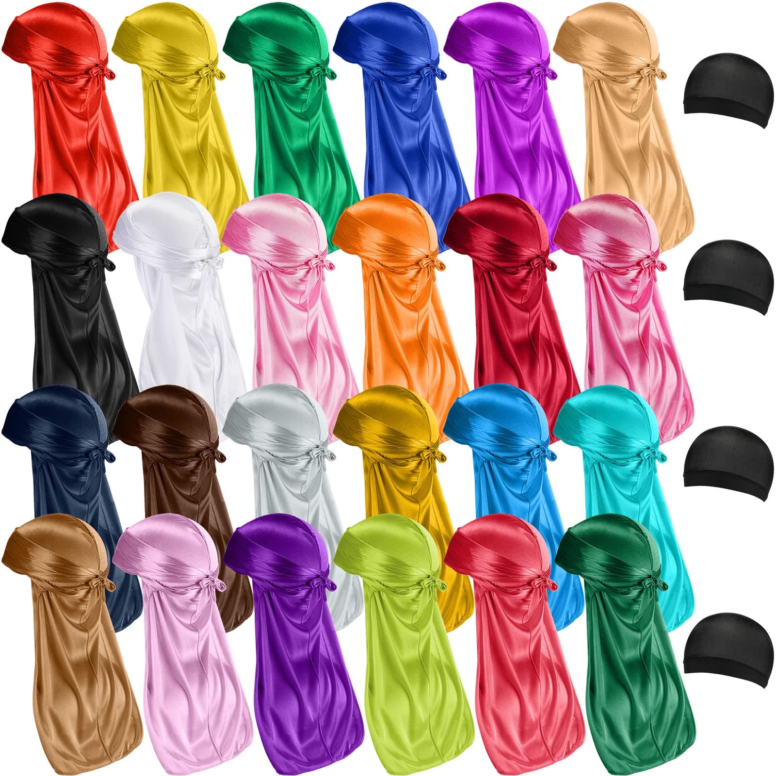 28 Pcs Silky Durags Set Includes 24 Silky Satin Durag for Men Women Wide Straps Durag Caps Long Tail Headwraps with 4 Elastic Black Wave Cap, 24 Colors