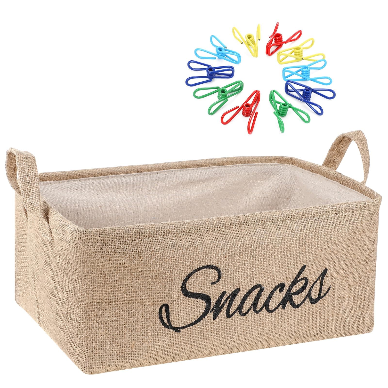 Newtay 17 Pcs Snack Basket Sets, Snack Storage Bin for Pantry Shelves with 16 Pcs 2 Inch Chip Clips, Basket Organizer for Kitchen Home, Chips, Popcorn, Candy, Pretzels(Burlap,Khaki)