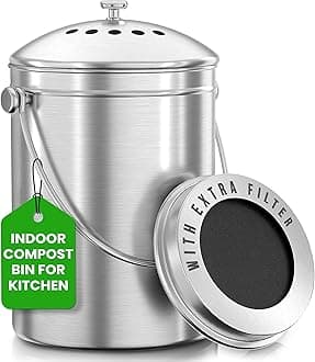 Compost Bin for Kitchen Countertop, 1 Gallon Compost Bucket for Kitchen with Lid, Includes 1 Spare Charcoal Filter (Silver)