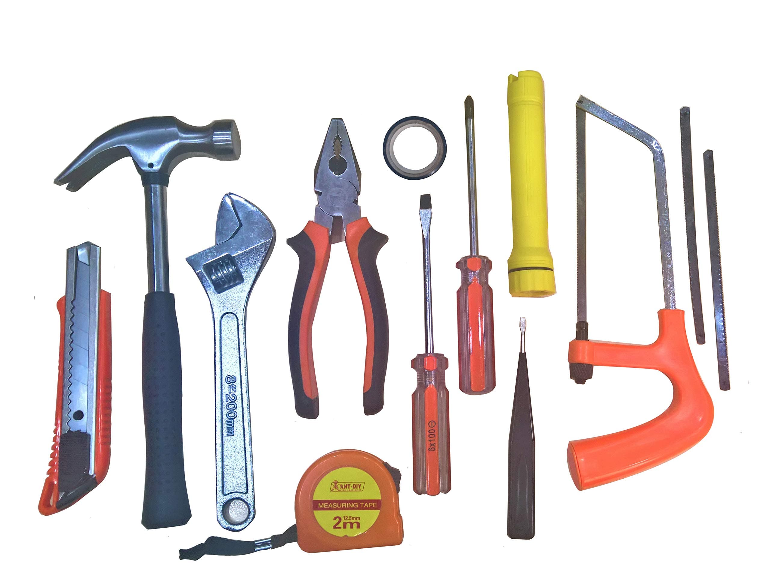 Ruby 14 Pieces Tool Box - Cutter, Hammer, Wrench, Measuring Tape, Combination Plier, Insulating Tape, 2 Screwdrivers Slot and Philip, Flash Light, Hacksaw Frame with Blades