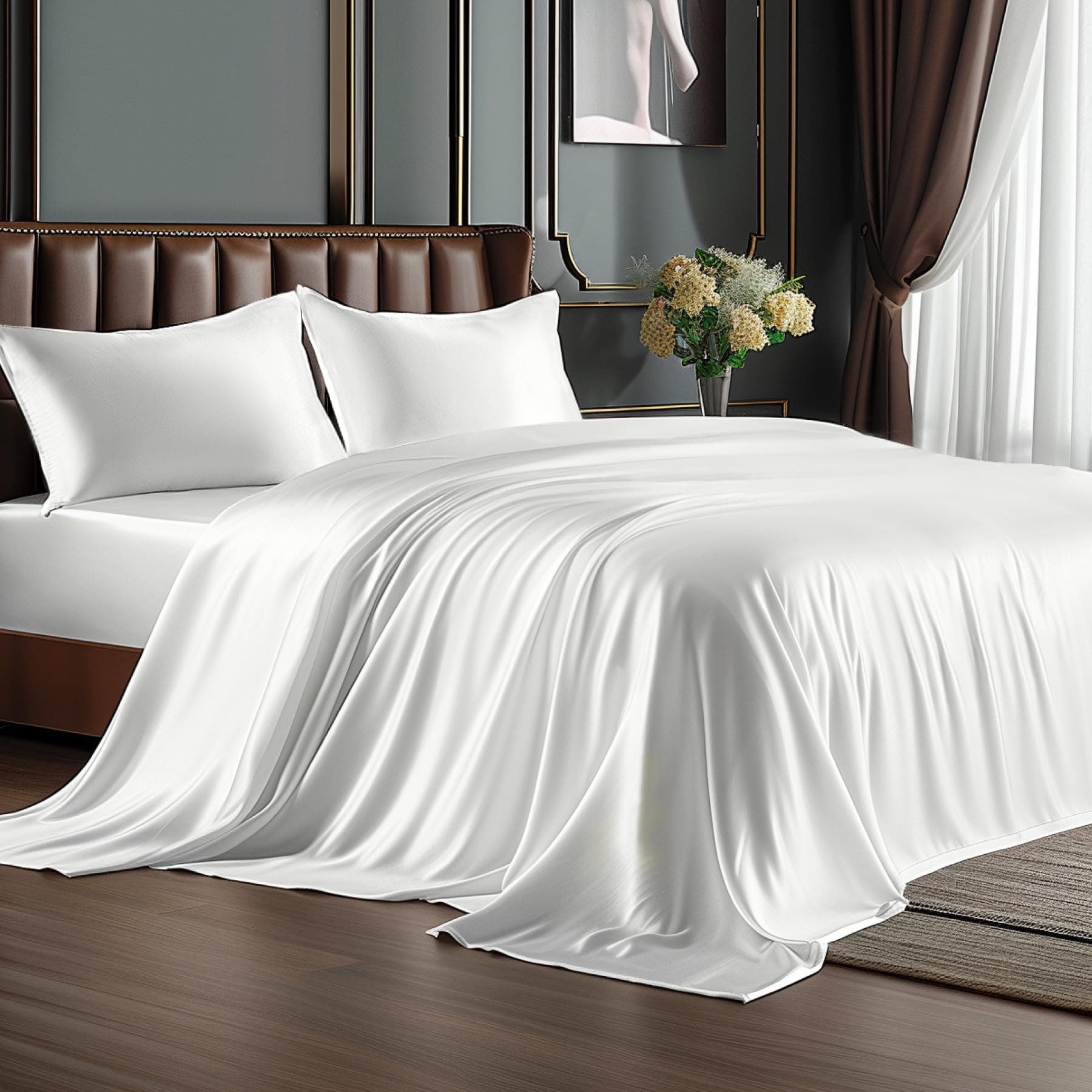 BEDELITE Satin Sheets Twin Size Bed Set, Luxury Soft White Silky Sheets for Hair and Skin, Similar to Silk Bed Sheets Set 3 Pieces with 1 Deep Pocket Fitted Sheet, 1 Flat Sheet, and 1 Pillowcase