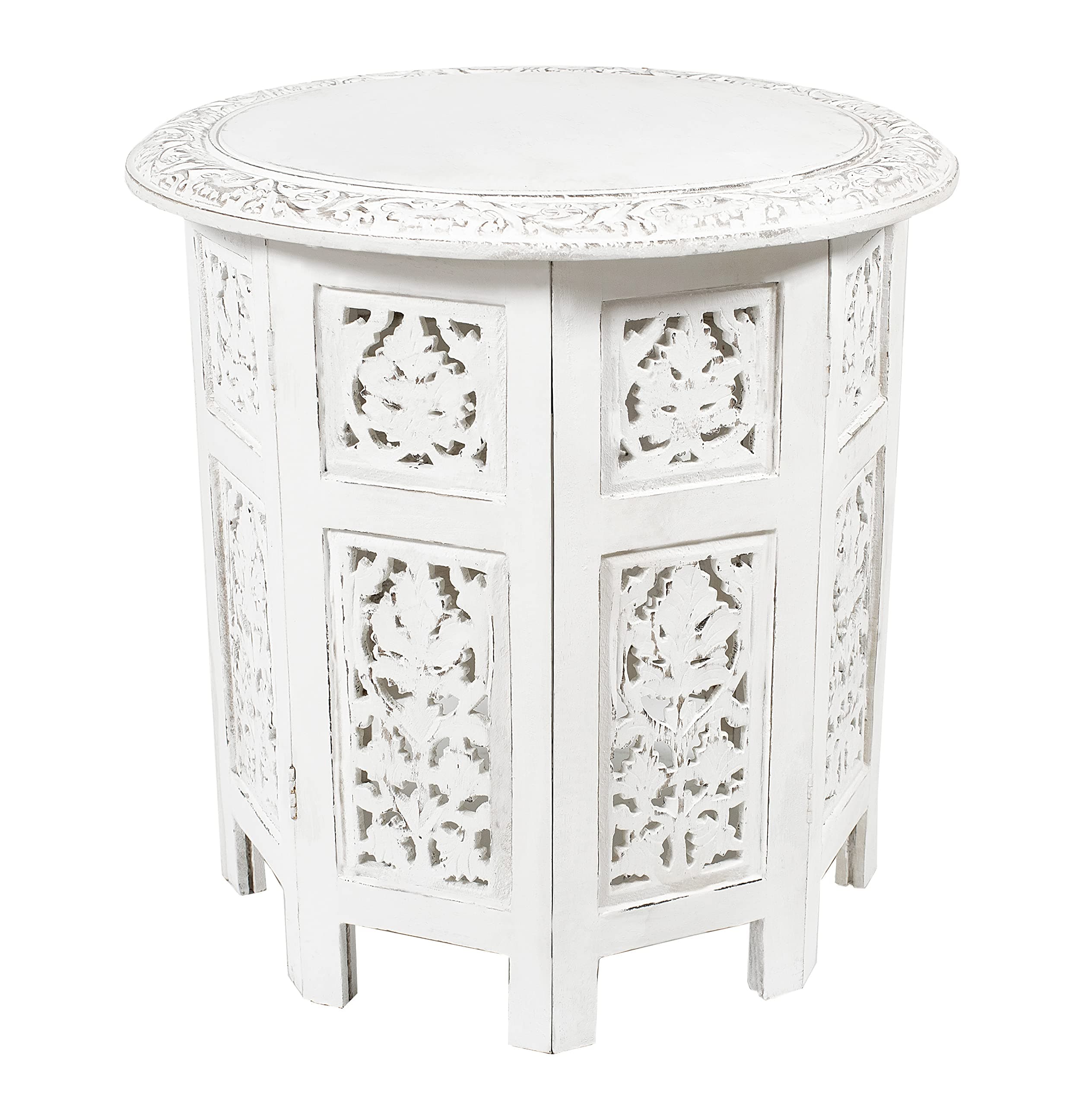 COTTON CRAFT Solid Wood Accent End Table - Hand Carved Vintage Boho Folding Side Table - Small Spaces Entryway Farmhouse Living Room Bedside - No Tools Assembly -18x18 Round - Jaipur Antique White