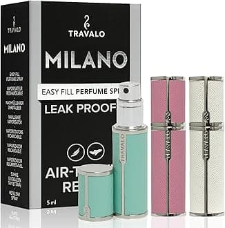 Milano Perfume Atomizer Bundle Refill System TSA Approved | Reusable Easy Fill Mini Pump Sprayer Lightweight Portable Vegan Leather w/Polished Metal | White, Aqua, Perfect Pink | 3 Pack 0.17oz