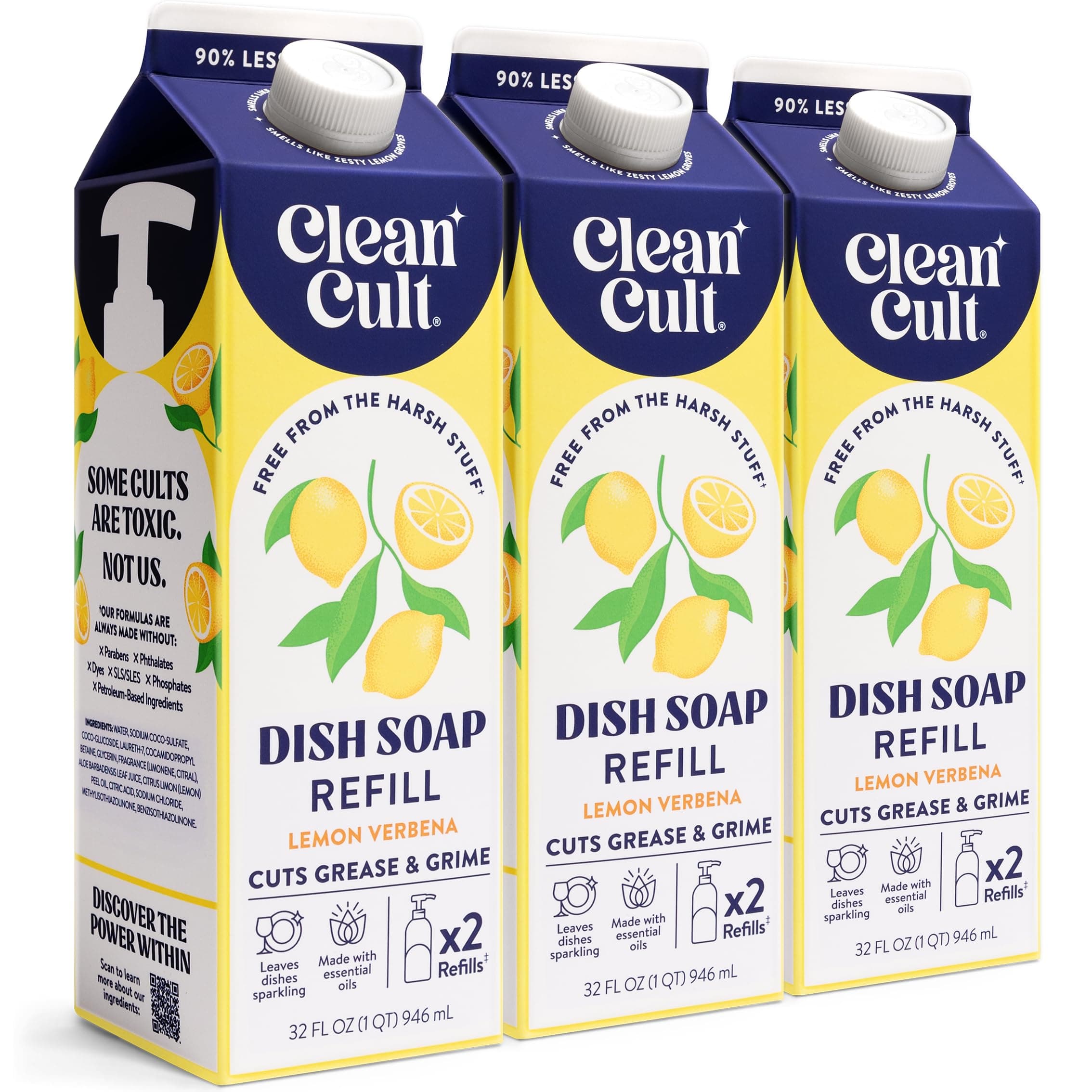 Dish Soap Liquid Refills - Plant Based Cleaning Power - Cuts Grease & Grime - Free of Harsh Chemicals - Uses 90% Less Plastic - Lemon Verbena - 32 oz/3 Pack