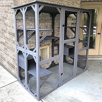 Catio Outdoor Cat Enclosure with 7 Platforms, 2 Resting Boxes, Large Window Cat House for 6-8 Mulitiple Cats Walk in Kitty Cage with Weatherproof Tarp Roof 71"