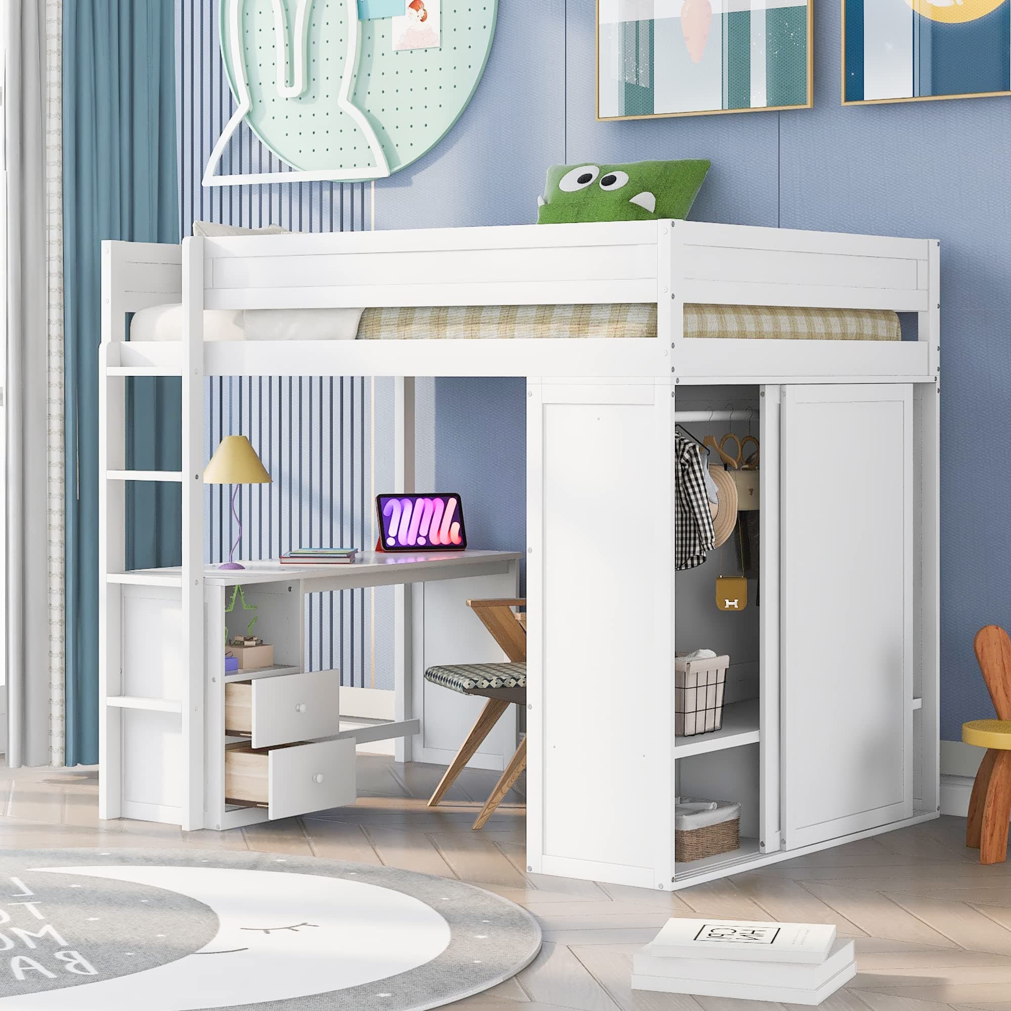 Modern Full Size Loft Bed with Sliding Door Wardrobe and 2-Drawer Desk, Solid Wood Loft Bed Frame with Safety Guardrail for Kids Teens Adults, Space-Saving Design (A+White)