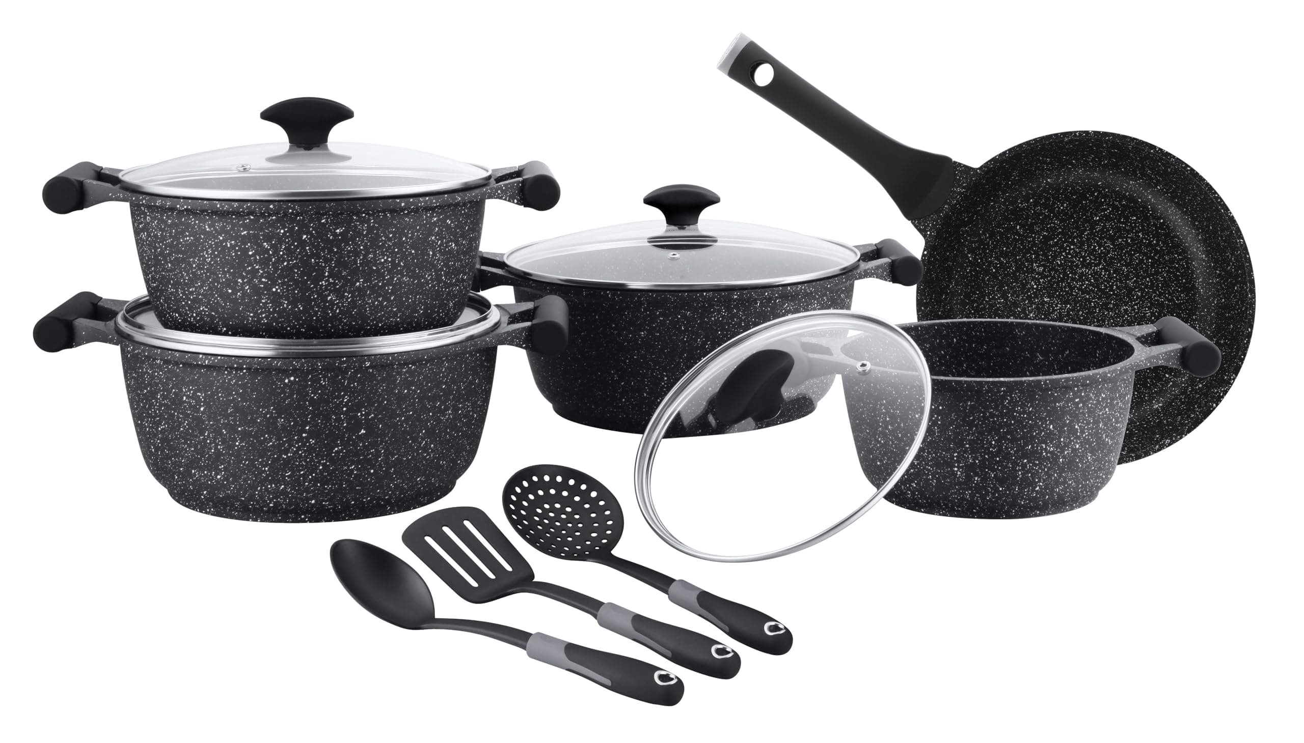 Essentials Granite 12 Piece Non-Stick Cast Aluminium Cookware sets | Induction Compatible Pots and Pans Set | Black - PR80965
