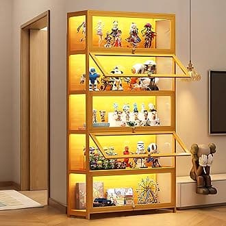 Display Cabinet with Acrylic Glass Doors, Tall Storage Cabinet with Adjustable Shelves, 5 Tier Curio Cabinet&Bookcase for Collectibles, Toys, Books, for Kids Playroom, Bedroom, Study Room