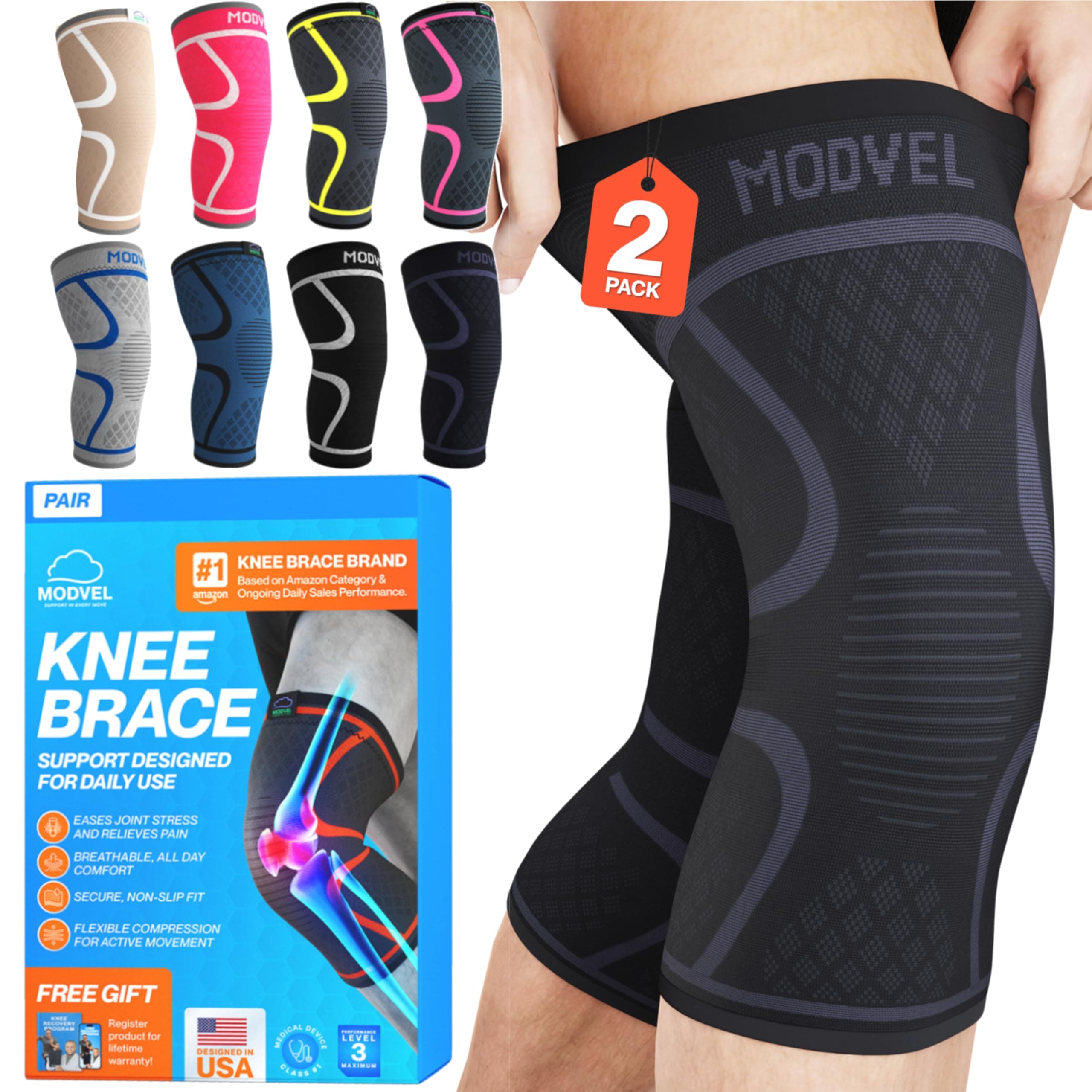 MODVEL Knee Support Compression Sleeve Women & Men - 2 Pack, Running Knee Brace, ACL & Arthritis Pain Relief, Joint Pain, Meniscus Tear, & Every day use (XL)