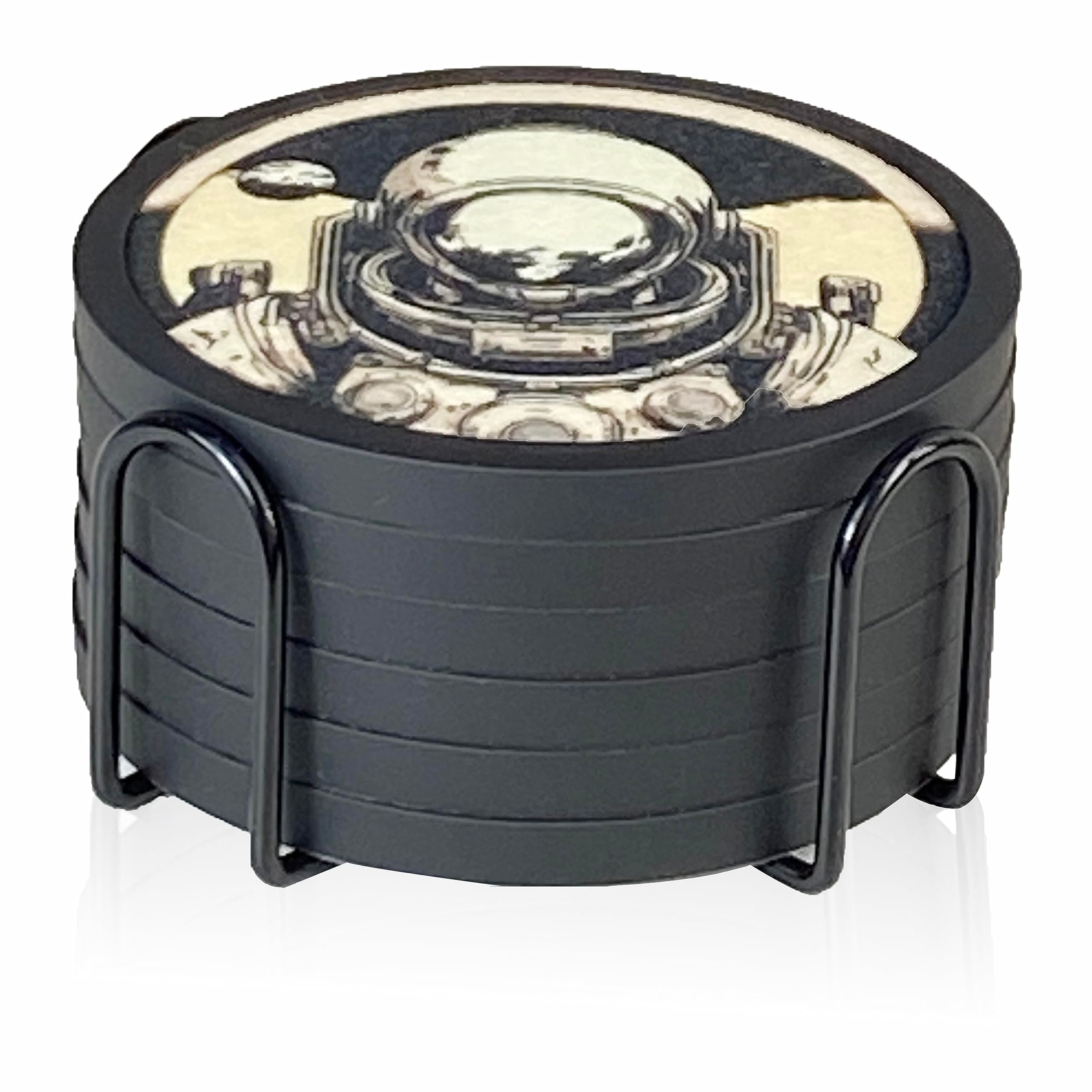 Absorbent Coasters for Drinks with Holder - 6packs, Silicone Coaster with Soft Felt Insert (4.3 inch Coasters with 4.5 inch Holder, Dual-Sided Space -Themed Patterns)