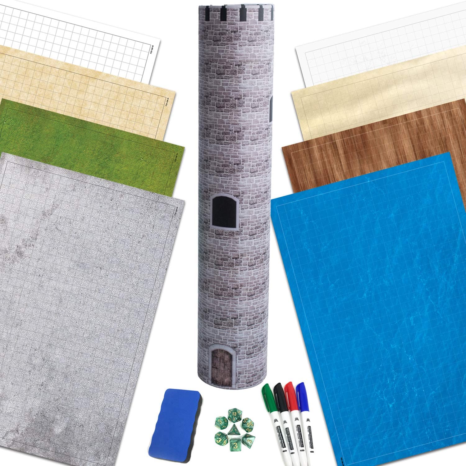 RPG Battle Game Mat - 4 Pack Dry Erase Double sided 36" x 24" (8 Terrains) + 4 Dry Erase Markers + 1 Eraser + 7pc Polyhedral Dice Set - Large Table Top Role Playing Map for Starters and Masters