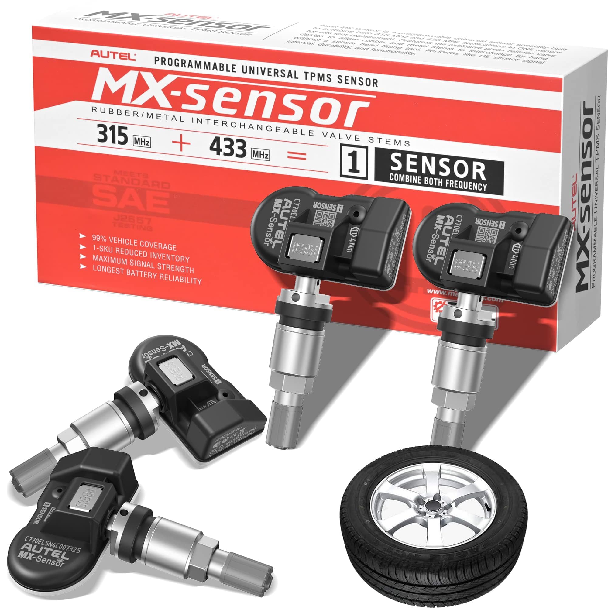 TPMS Sensor MX-Sensor 2 in 1 (Press-in), Programmable TPMS Tire Pressure Sensor 315MHz+433MHz, 100% Clone-able, Same as OE-sensors (Metal Valve Set of 4)