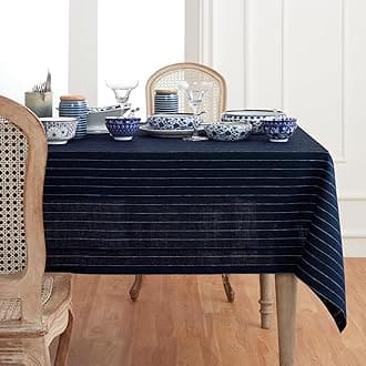 Solino Home Linen Tablecloth 52 x 52 Inch - Pinstripe, 100% Pure Linen Navy and White Square Tablecloth - Machine Washable Table Throw for 4th of July, Summer