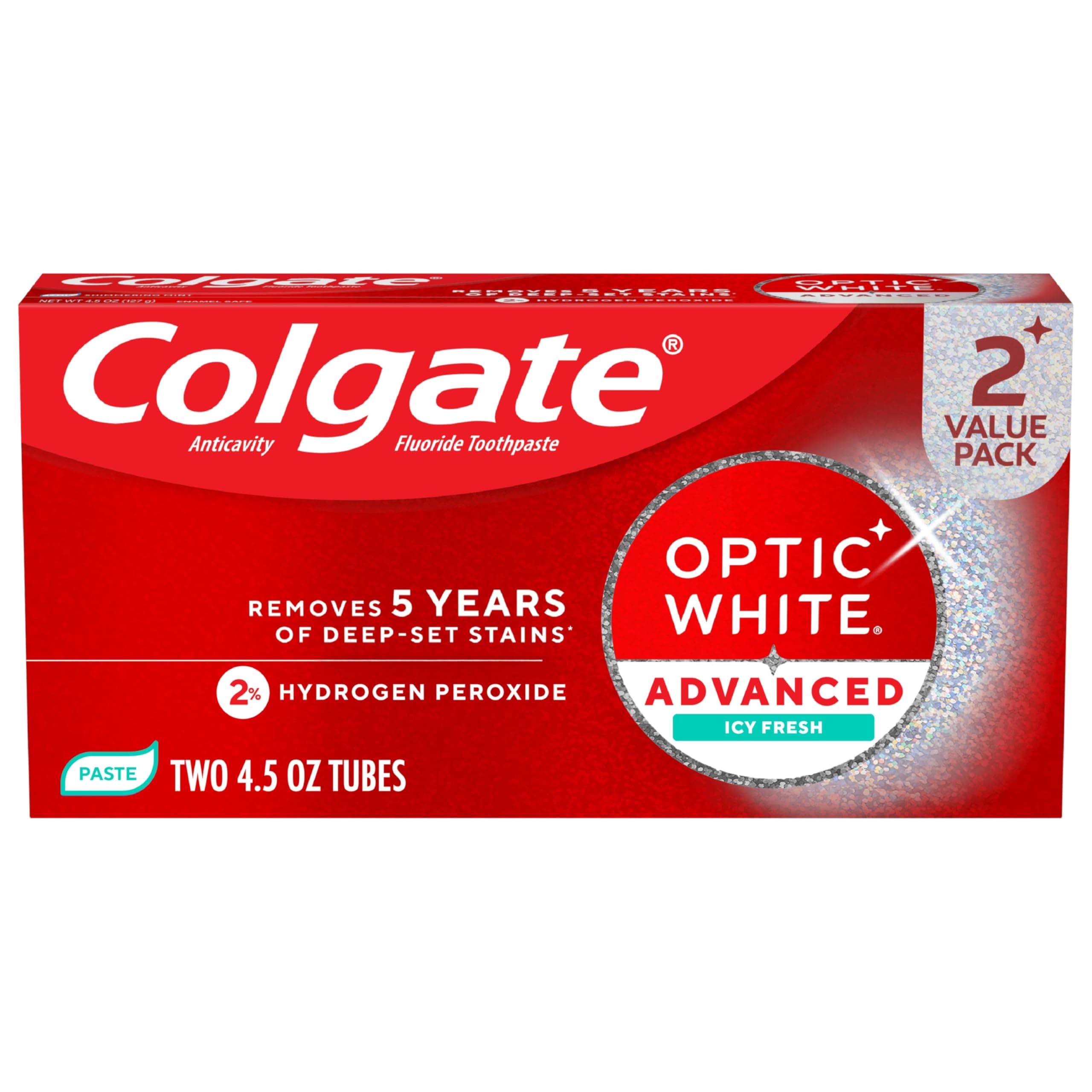 Colgate Optic White Advanced Teeth Whitening Toothpaste, 2% Hydrogen Peroxide Toothpaste, Icy Fresh, 4.5 Oz, 2 Pack