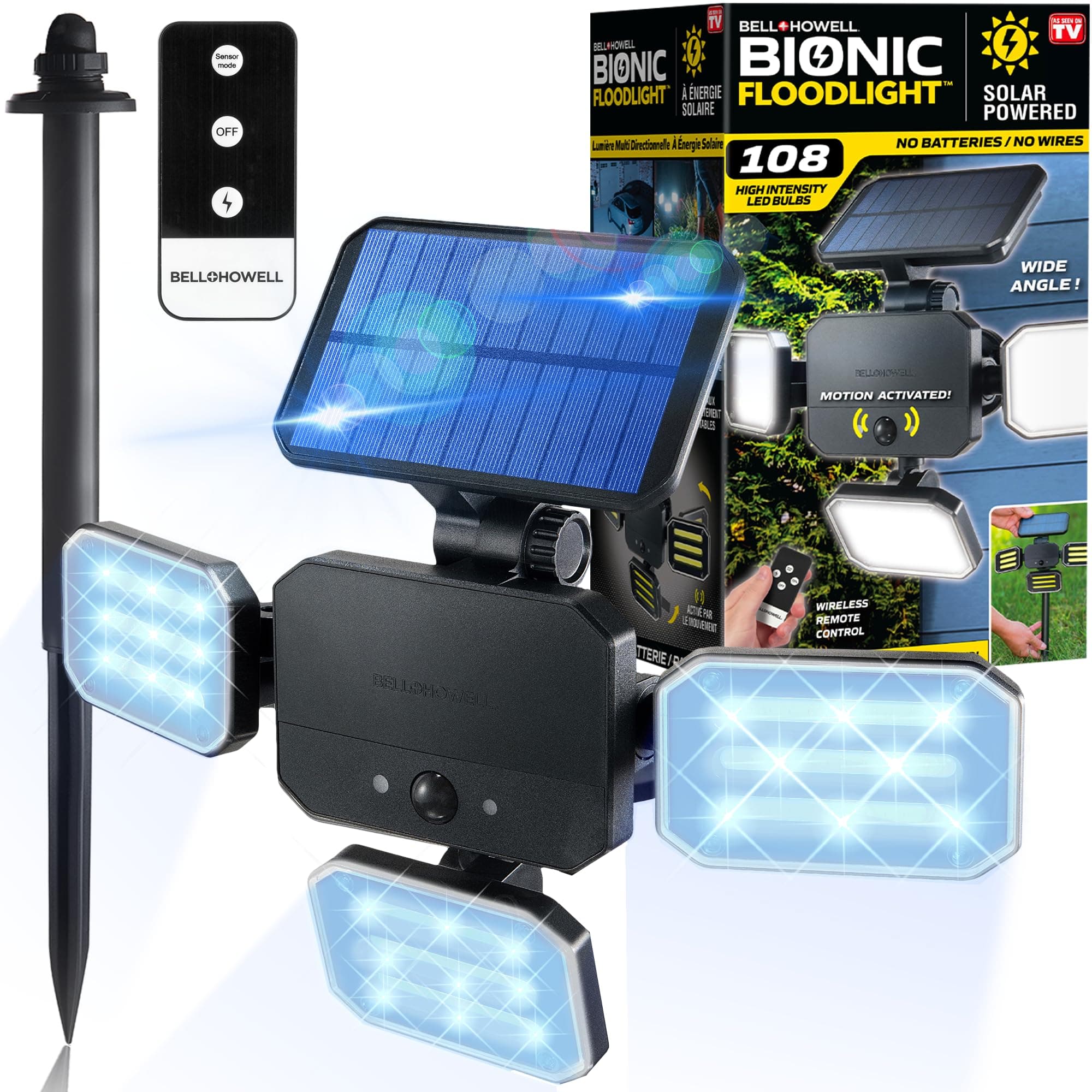 Bionic Floodlight Deluxe Solar Light Outdoor Waterproof Patio Light Motion Sensor Outdoor Lights w/ Remote Control Adjustable 3 Heads Wall Lights - Wireless, 50% Brighter-108 COB LED As Seen On TV