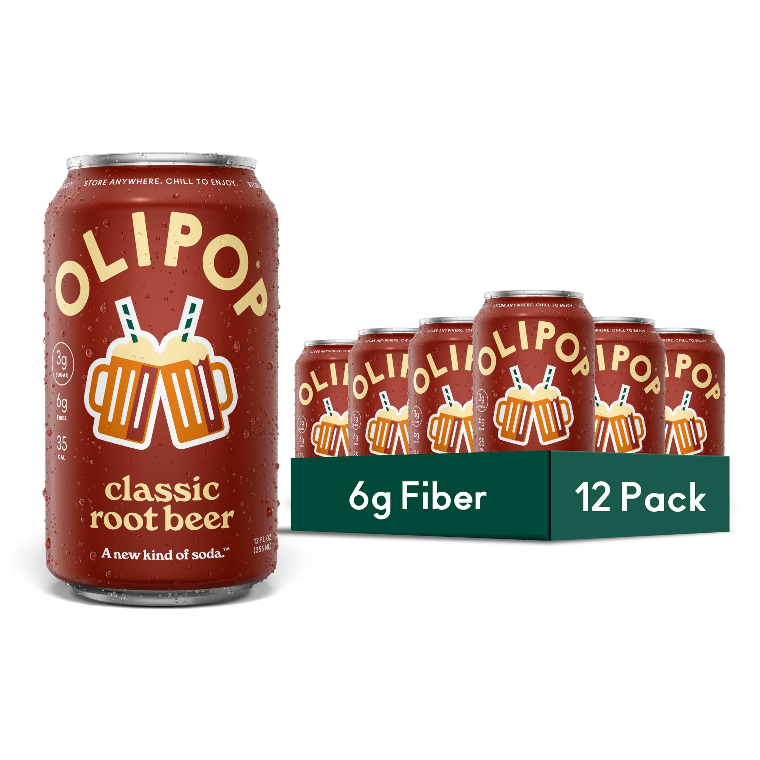 OLIPOP Prebiotic Soda Pop, Classic Root Beer, Pantry Pack Packed with Prebiotics, Fiber, and Botanicals, Gluten Free, GMO Free, 12oz (12-Cans)
