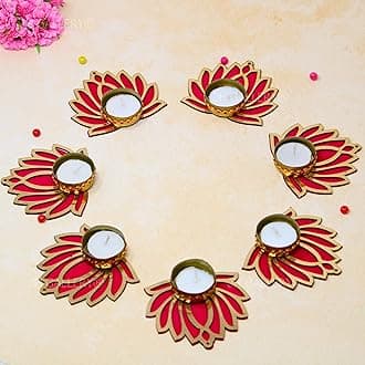 Jh Gallery Handcrafted Lotus Tealight Candle Holder | Reusable Rangoli For Floor Home Decoration Item Diwali Diya Pooja - Pack Of 7