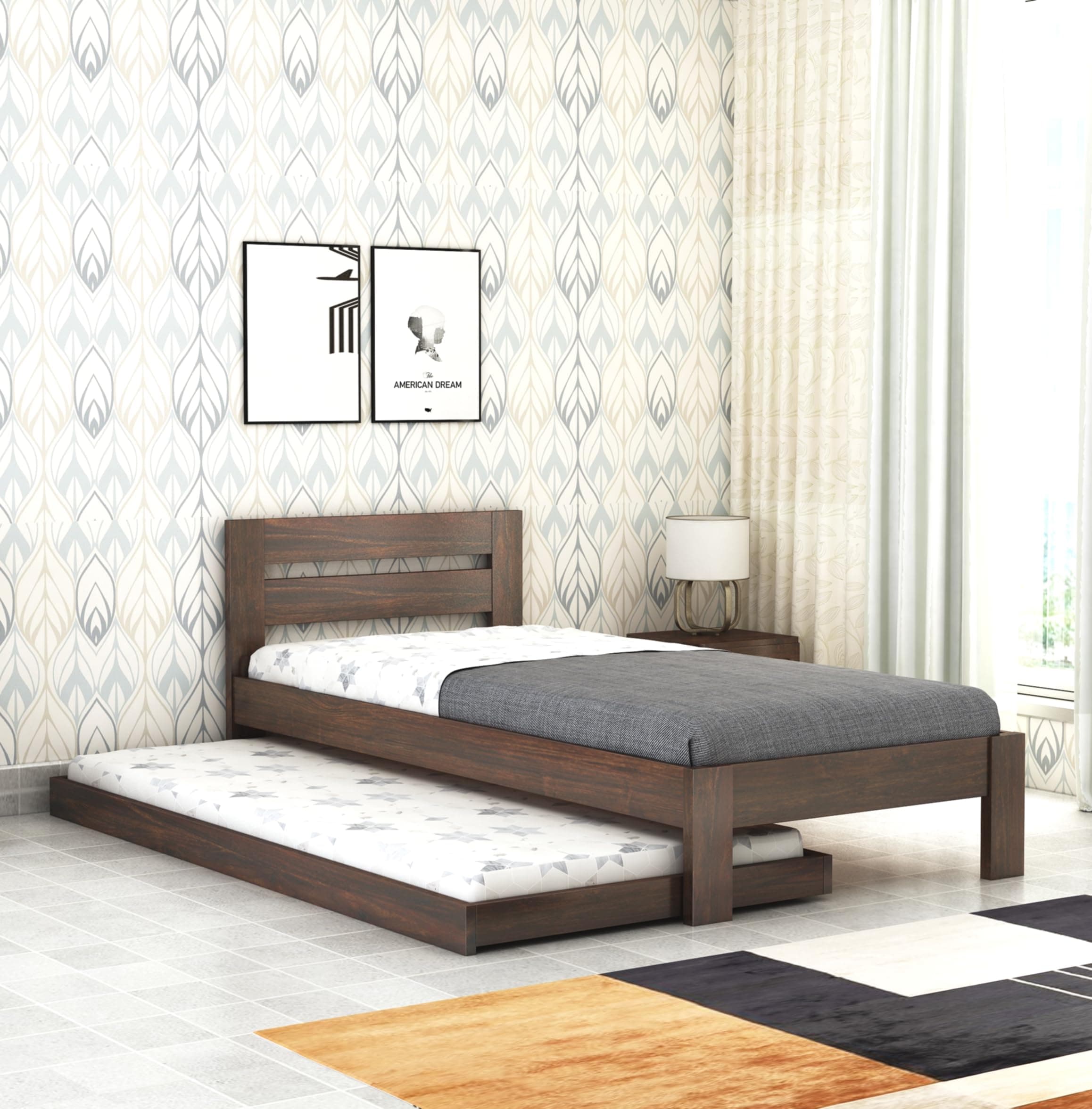 Wooden Single Trundle Bed | Single Bed with 1 Extra Pullout Bed | Wooden Single Bed Cot Palang Furniture for Bedroom, Living Room & Home | Sheesham Wood | Walnut Finish