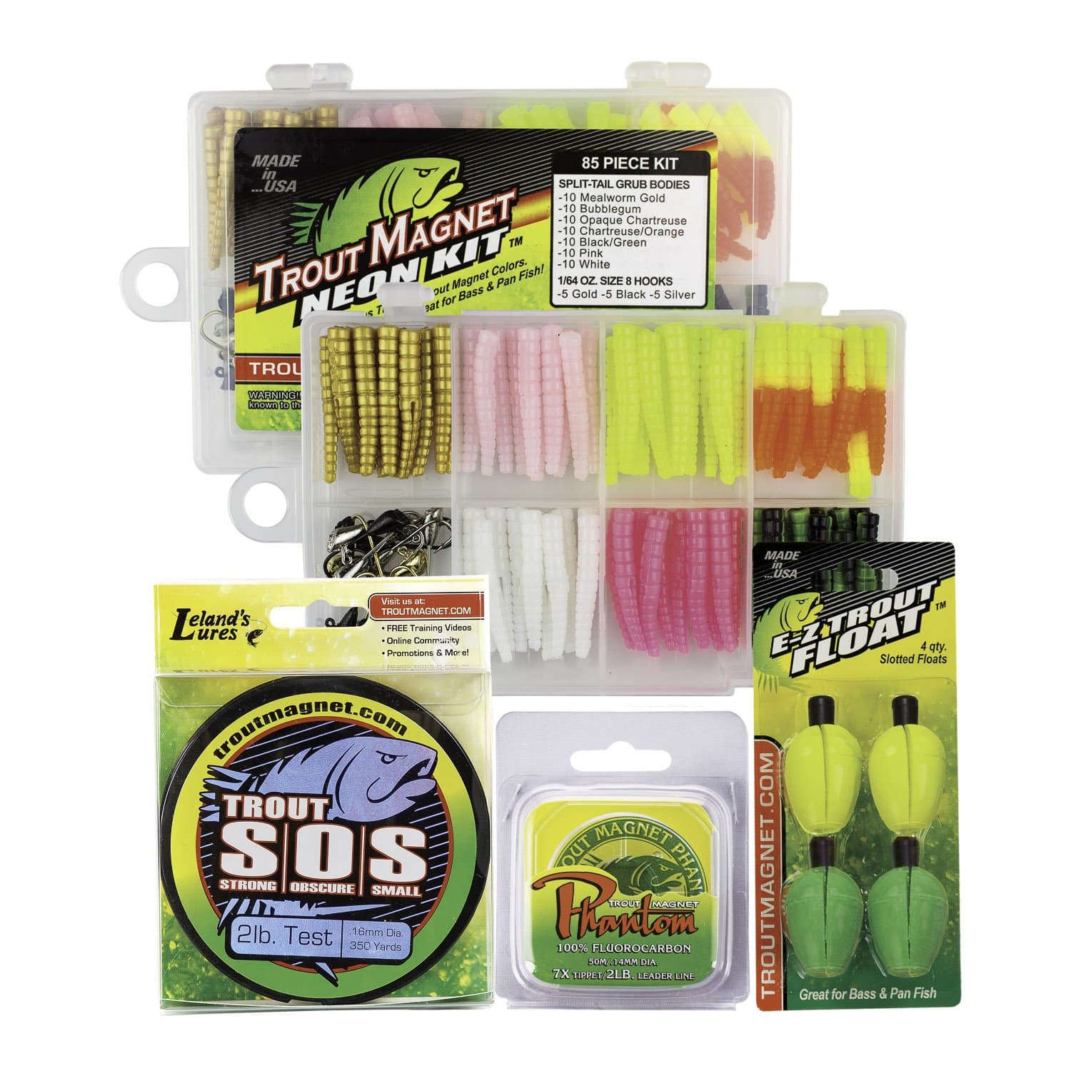 Ultimate Bundle - 85 Piece Neon Grub Kit, 350 yd Trout S.O.S. Spool, 100% Fluorocarbon Phantom Leader Line, and 4 E-Z Trout Floats