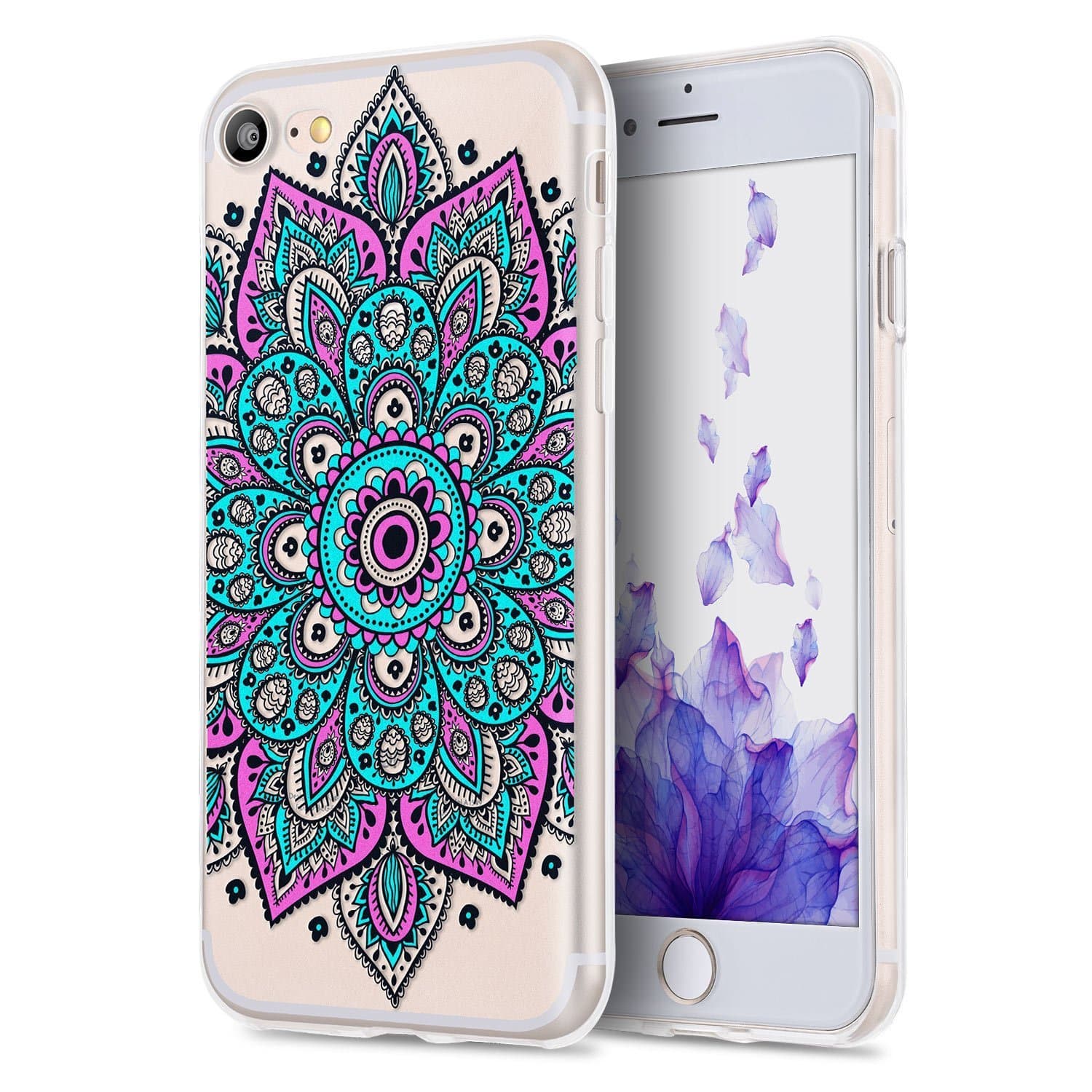 iPhone 7 Plus Case, TYJTECH Clear TPU Gel Cover with Mandala Floral Designer Shell Case Ultra-Slim Shock-Absorption Bumper Flowers Printed Thin Cute Design Vintage Style for Girly Girls Women Apple iPhone 7 Plus 5.5 inch