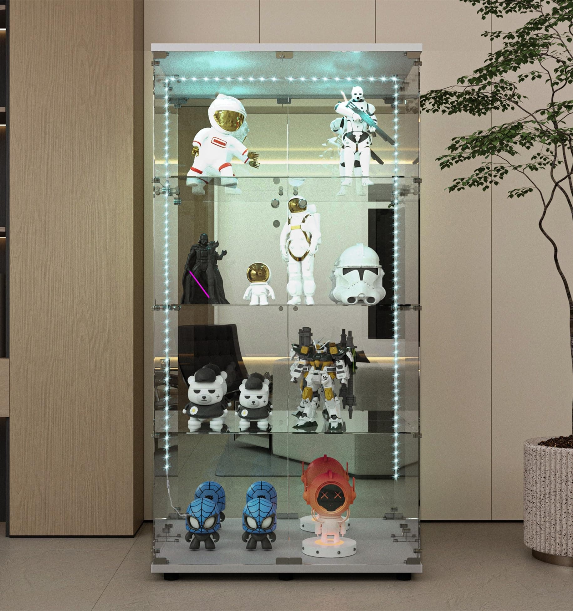 Modern Glass Display Cabinet 4-Shelf with LED Light,Mirror and Lock, 2 Door Curio Cabinets,Tempered Glass Collection Display Showcase for Living Room Home Office,30.9x13.5x64.6 H,White