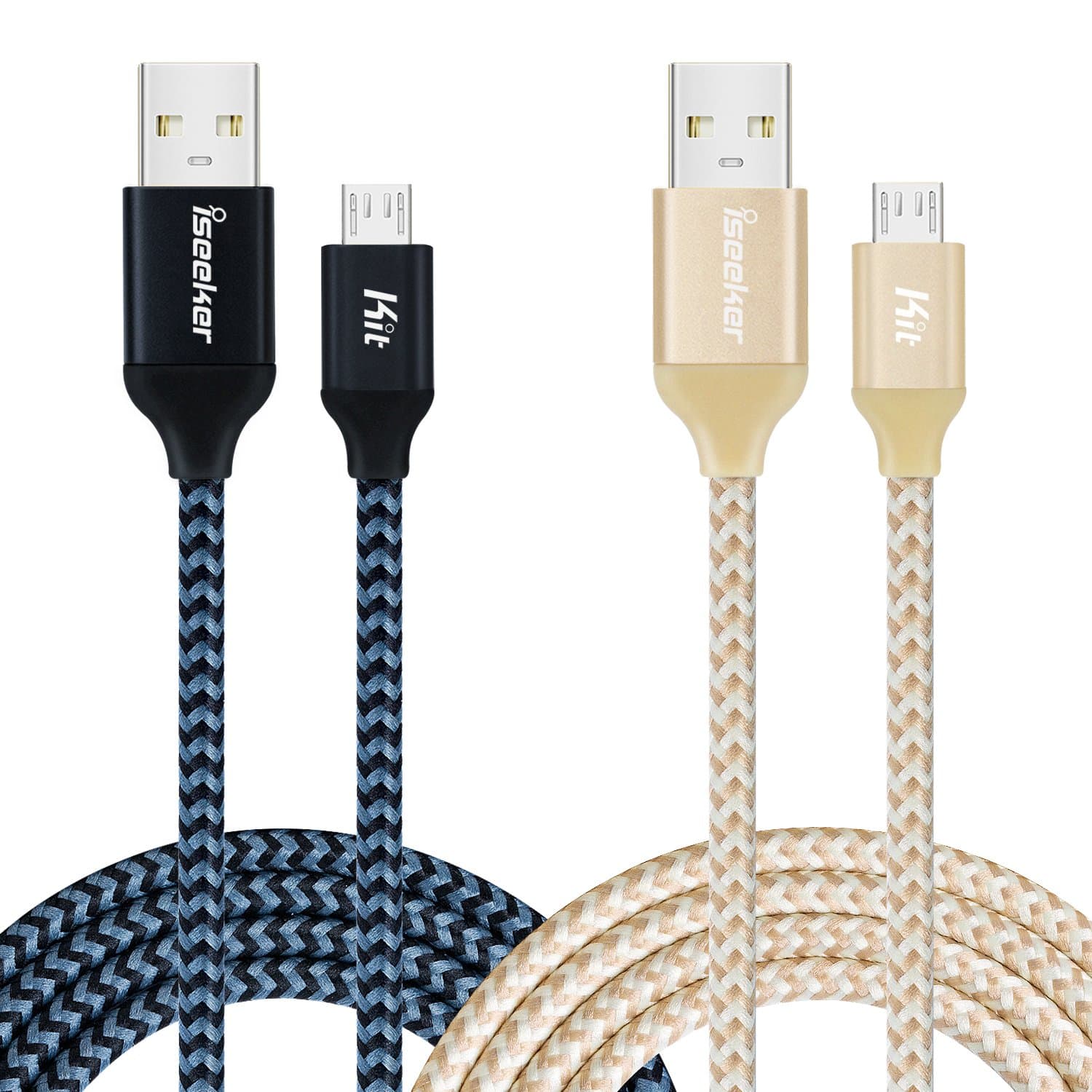 USB Cords, iSeekerKit 2 Pack 10ft High Charging Speed USB 2.0 A Male to Micro Nylon Braided USB Cable with Aluminum Connectors for Samsung, Android and more(Black&Golden)