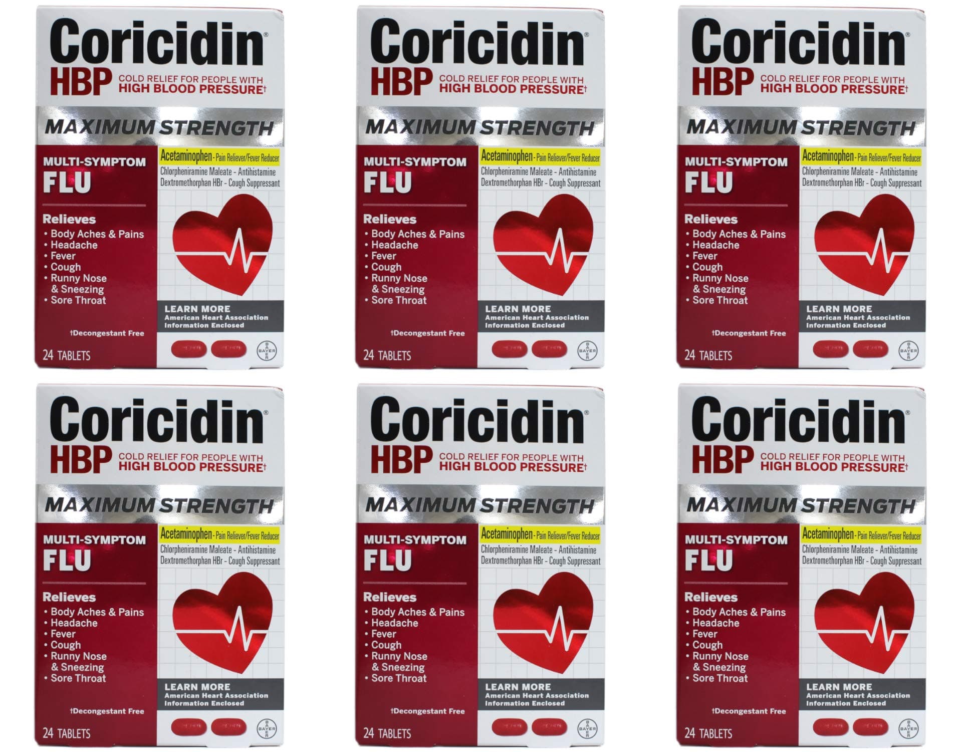 Coricidin HBP Maximum Strength Flu Relief - 24 Tablets, Pack of 6