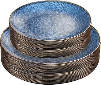 PLASTICPRO 48 Pieces Elegant Plastic Plates for Party Blue with Gold Rim Includes 7" inch and 10" inch Fancy Plastic Plates Disposable Dinnerware
