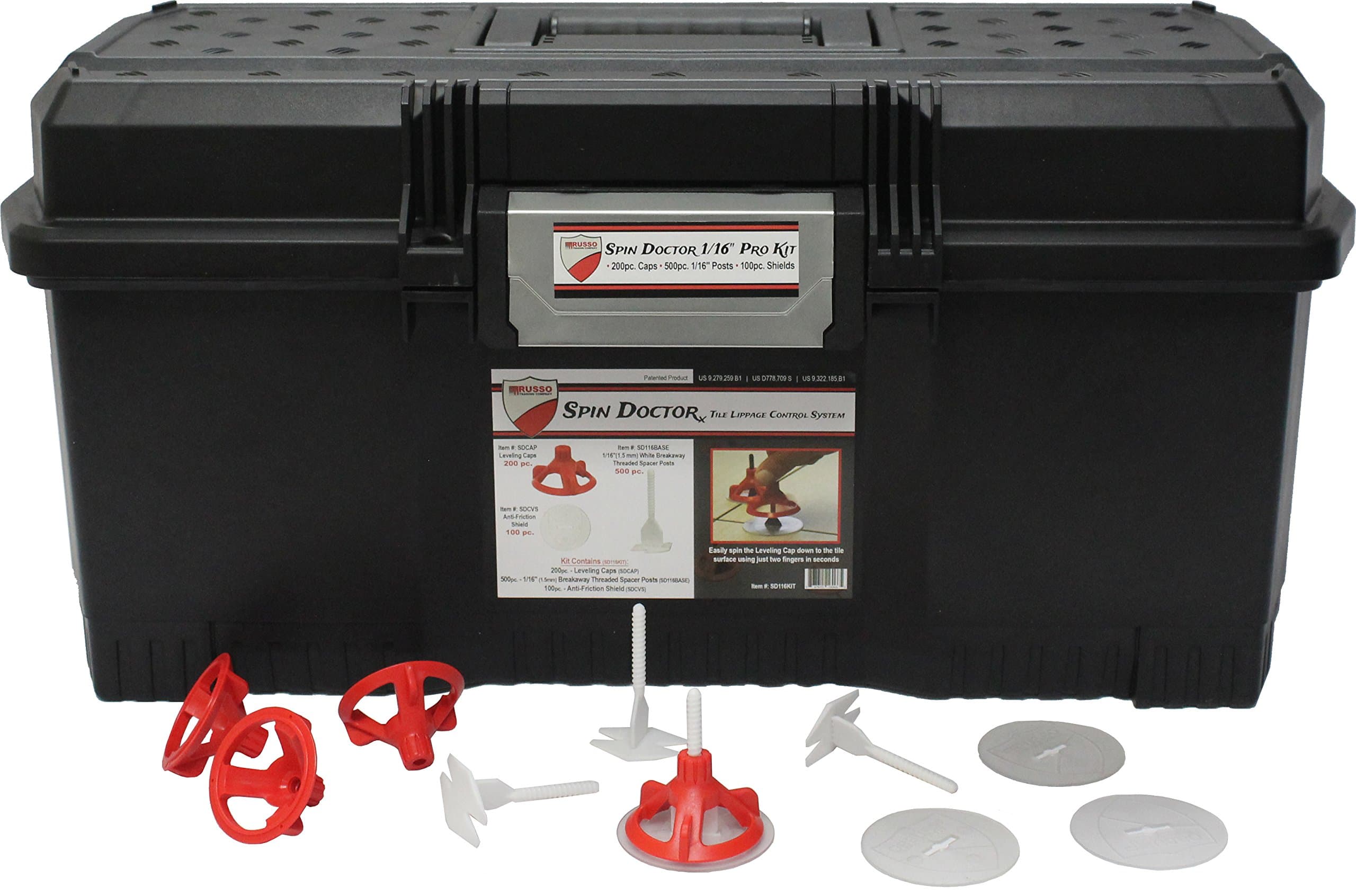 RTC Spin Doctor 800 Piece Floor Tile Kit with 100 Frictionless Clear Shields, 200 Reusable Leveling Caps, 500 Threaded Spacer Posts, and Carrying Case