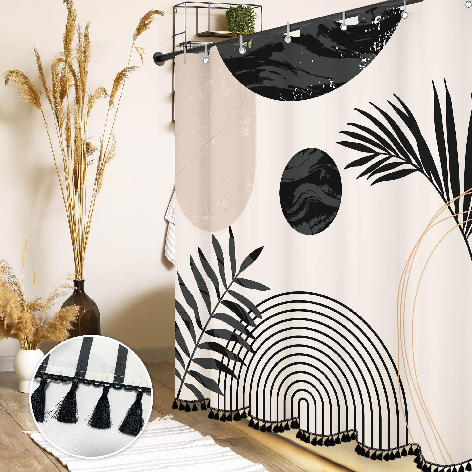 Boho Mid Century Leaf Shower Curtain Set,Arch Sun Design,Minimalistic Leaves Pattern,Waterproof and Luxurious Fabric-12 Hooks(Black and White-72" x 72")