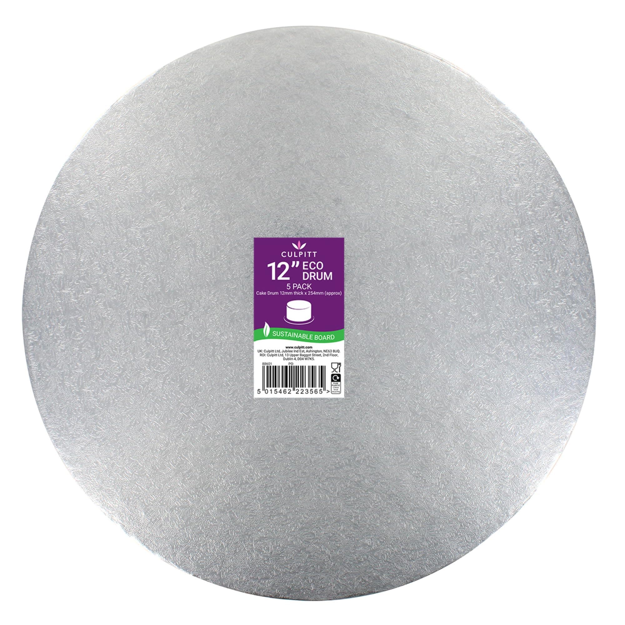 Culpitt ECO Cake Board | 12" - 5 Pack | Cake Drum, Silver Fern, 12 Inch (304mm) Round, 0.5 Inch (12mm) Thick, (Pack of 5 Boards)