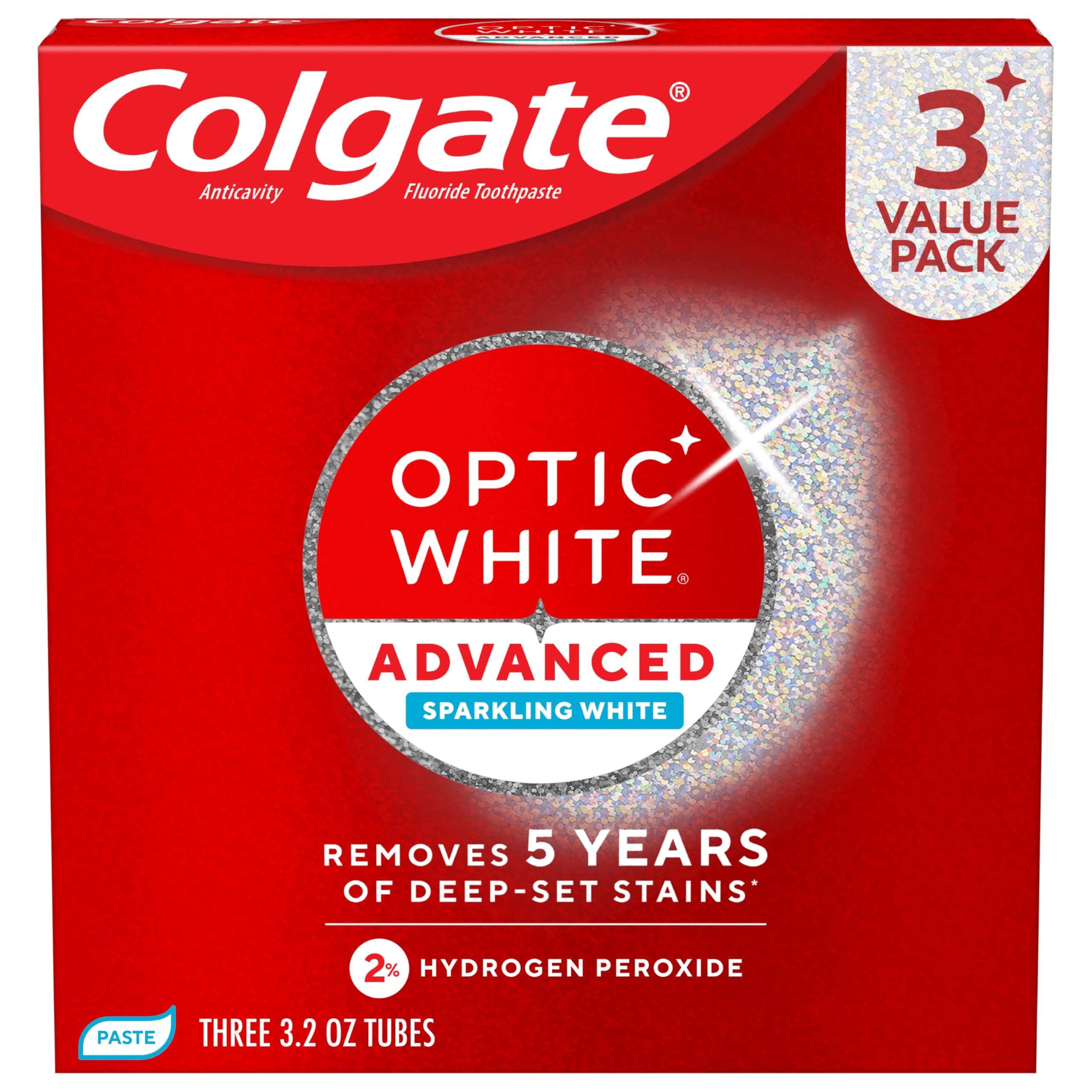 Optic White Advanced Hydrogen Peroxide Toothpaste, Teeth Whitening Toothpaste Pack, Enamel-Safe Formula, Helps Remove Tea, Coffee, and Wine Stains, Sparkling White, 3 Pack, 3.2 oz
